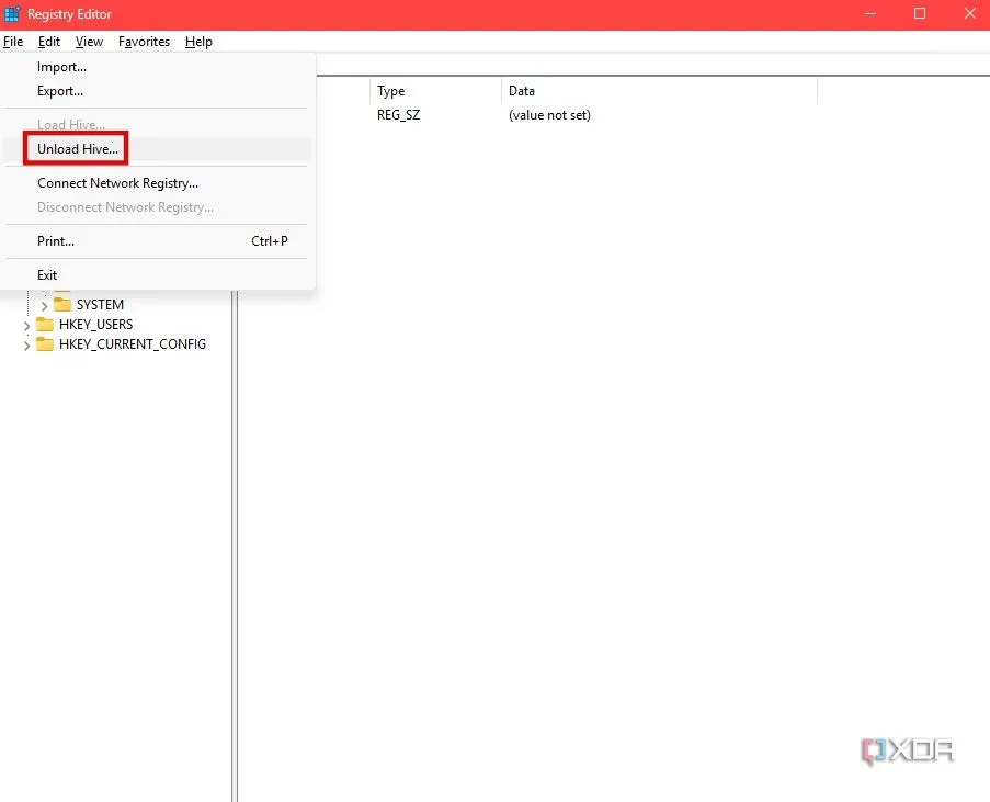 Nhấp vào Unload Hive trong Registry Editor để hoàn tất thao tác