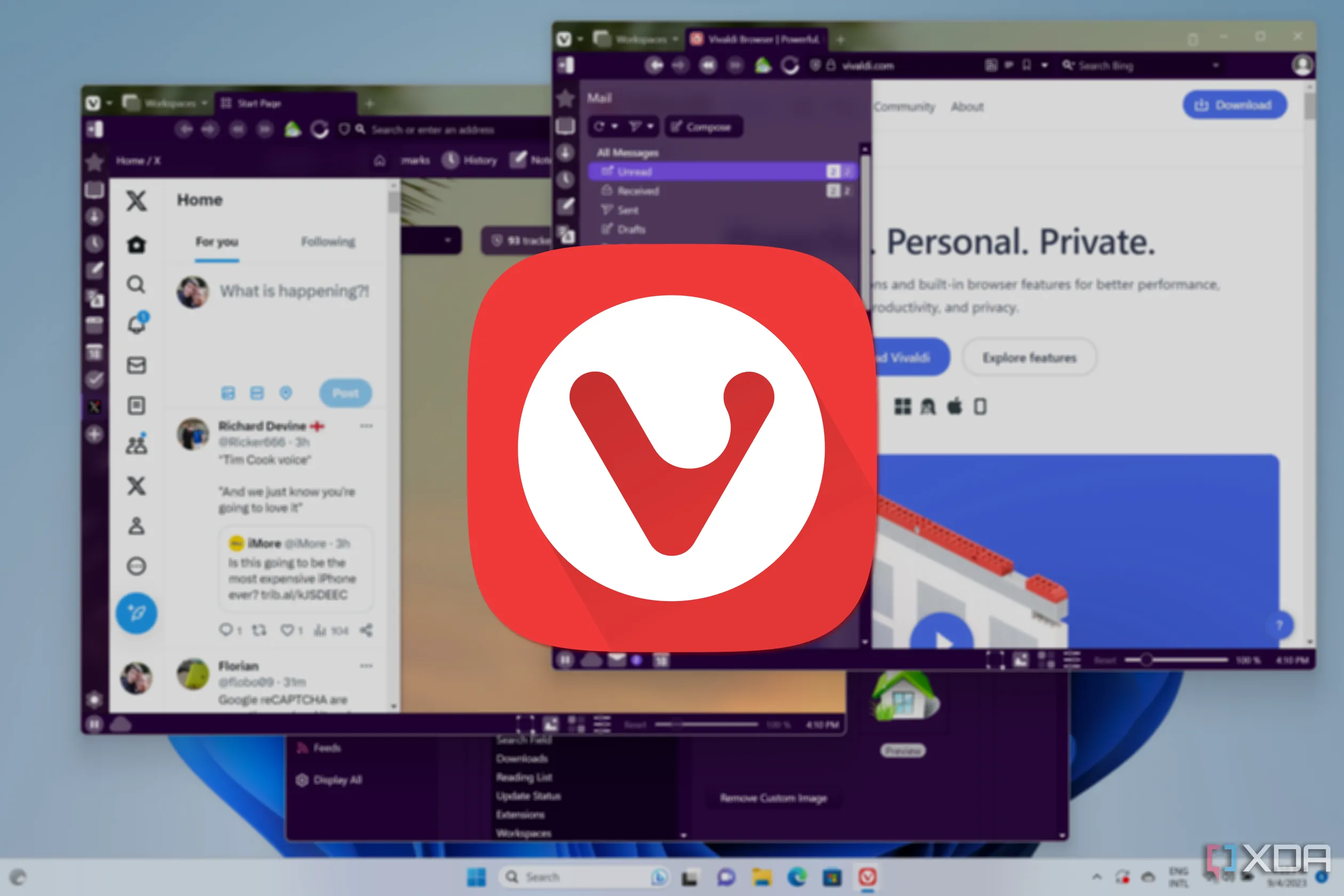 Nhiều cửa sổ trình duyệt Vivaldi đang mở trên màn hình máy tính, minh họa tính năng Workspaces