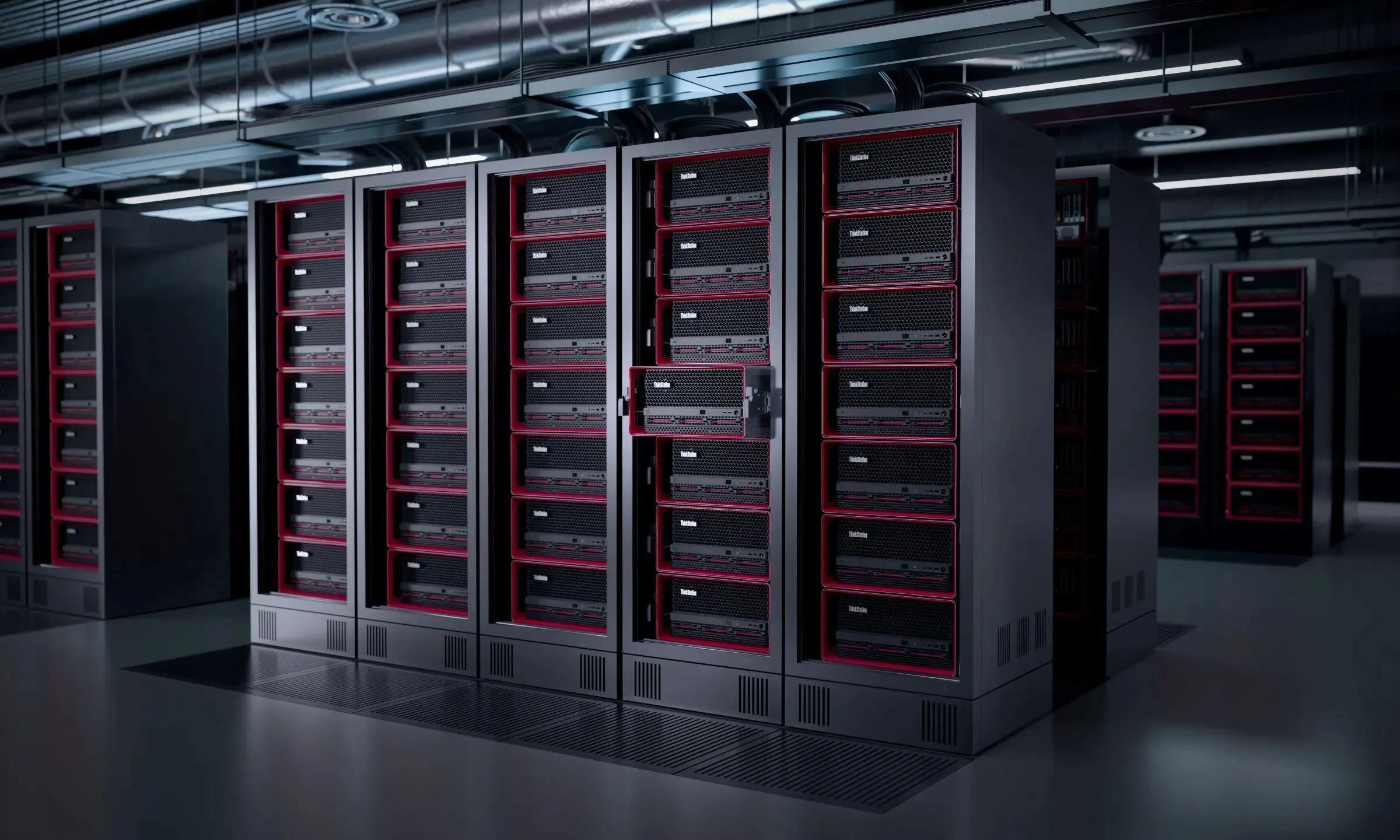Nhiều tủ rack trung tâm dữ liệu với máy chủ Lenovo ThinkStation PX, minh họa hạ tầng máy chủ root DNS