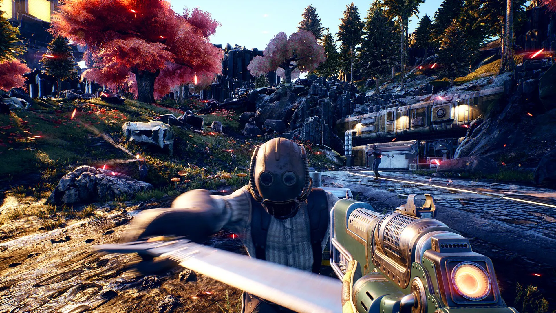 NPC và môi trường tương tác trong The Outer Worlds, cho phép người chơi tấn công bất kỳ ai