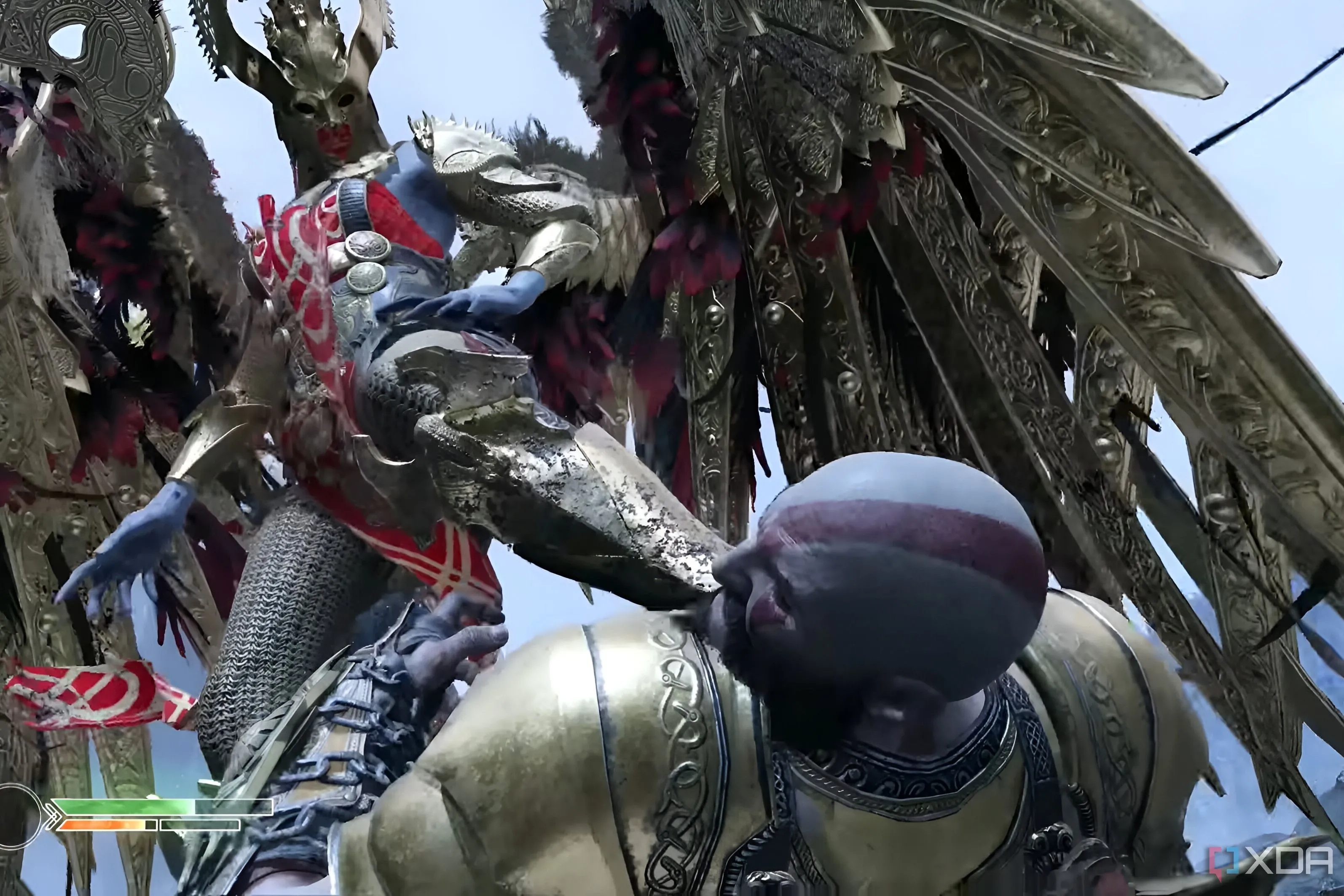 Nữ hoàng Valkyrie Sigrun đặt chân lên mặt Kratos, thể hiện sự áp đảo trong God of War (2018)