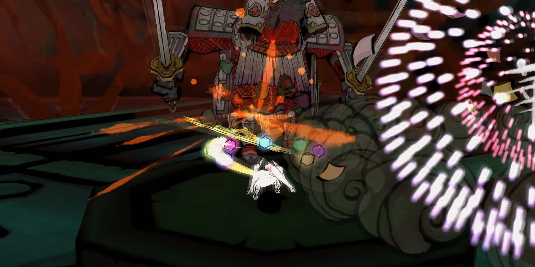 Nữ thần Amaterasu chiến đấu trong một phân cảnh đồ họa tranh thủy mặc của Okami