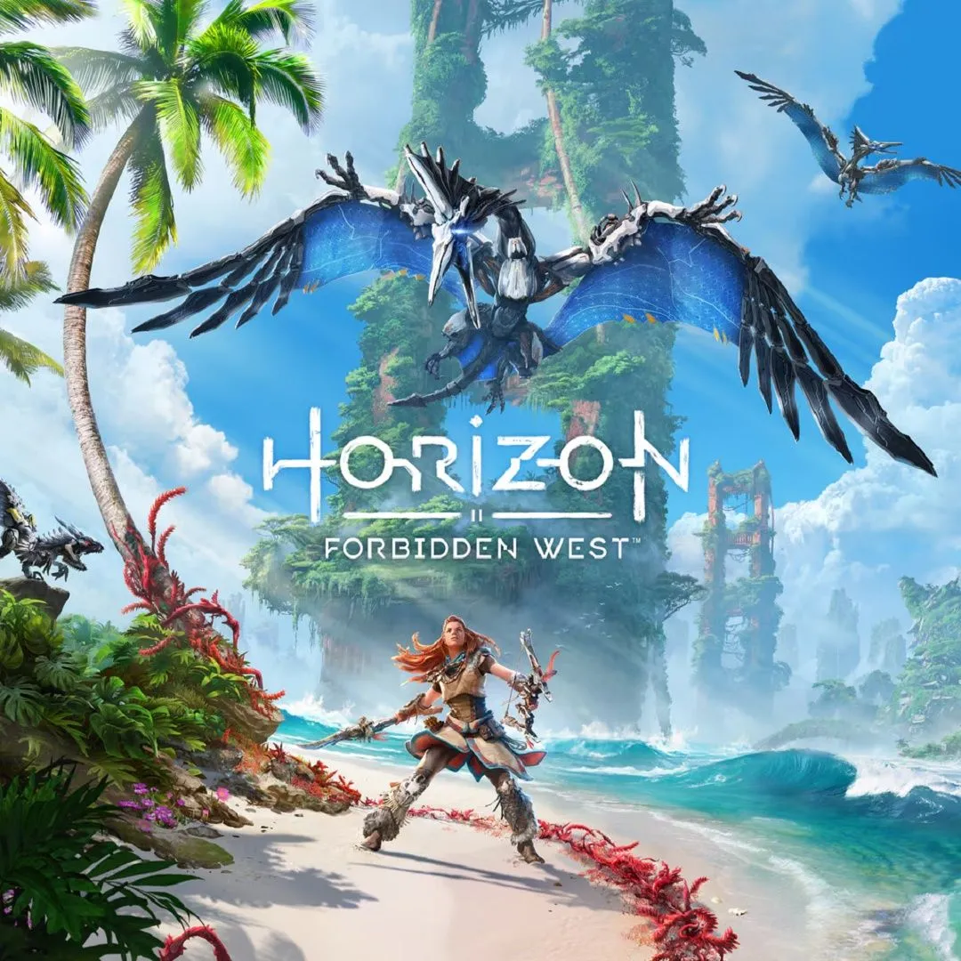 Nữ thợ săn Aloy đối mặt với cỗ máy khủng khiếp trong Horizon Forbidden West, thể hiện đồ họa ấn tượng và thế giới mở đầy rẫy hiểm nguy.