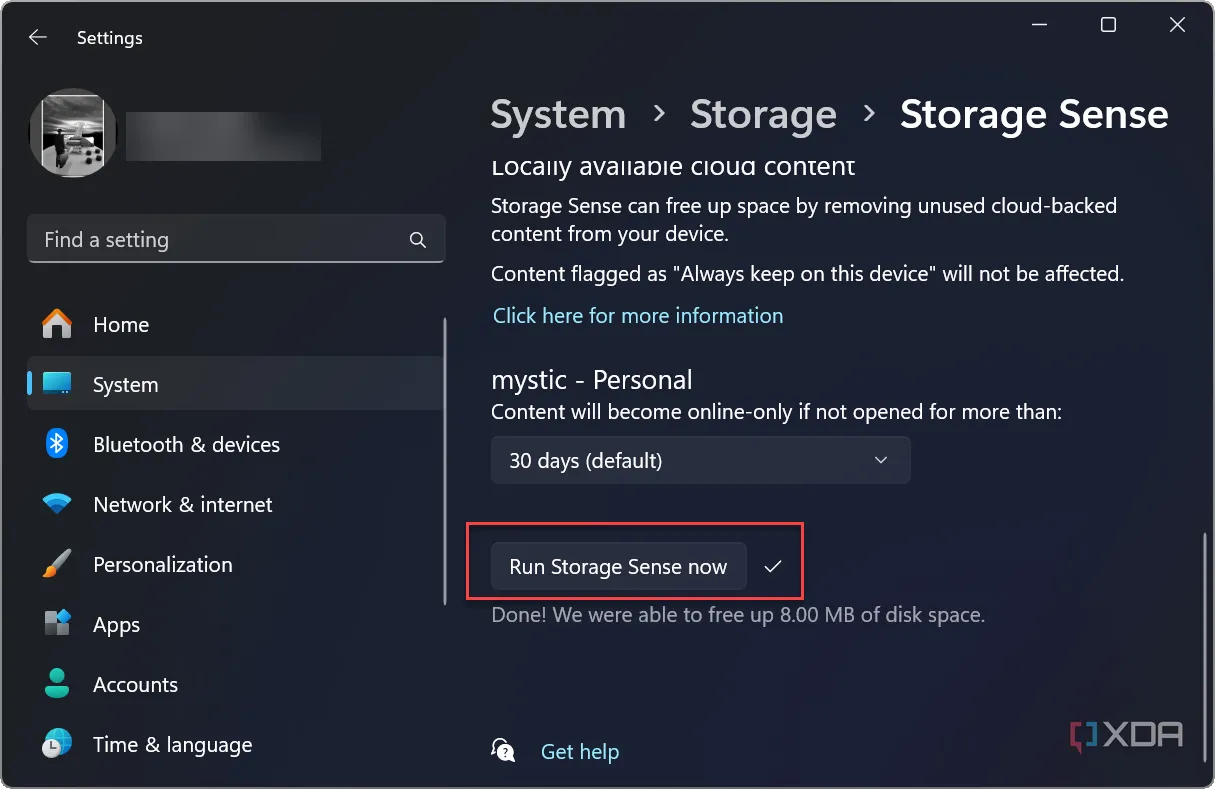 Nút &quot;Chạy Storage Sense ngay&quot; để quản lý Files On-Demand tự động