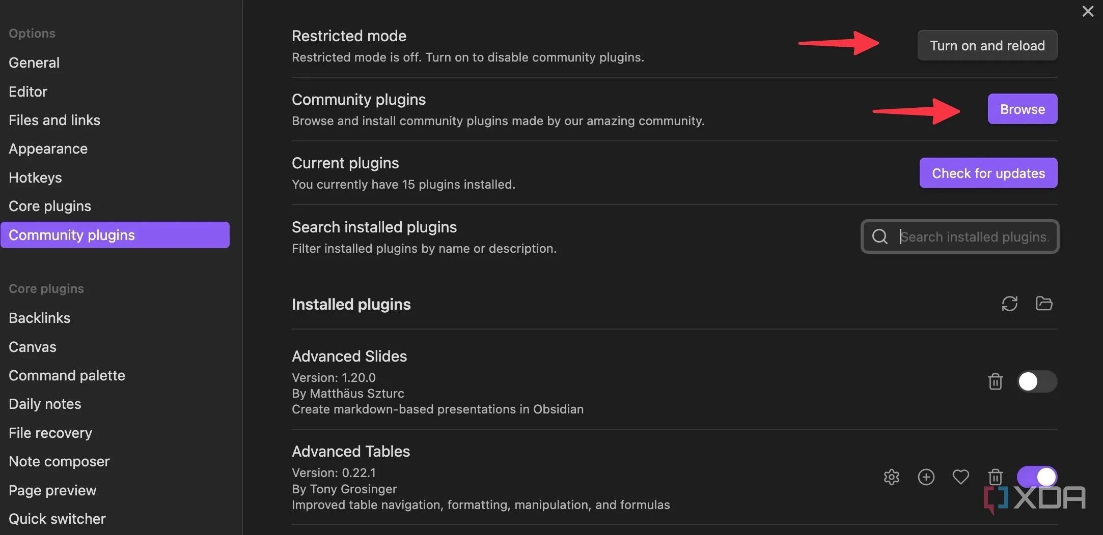 Nút chuyển đổi để tắt 'Restricted mode' trong phần Community plugins của Obsidian, mở khóa quyền truy cập vào các plugin bên thứ ba