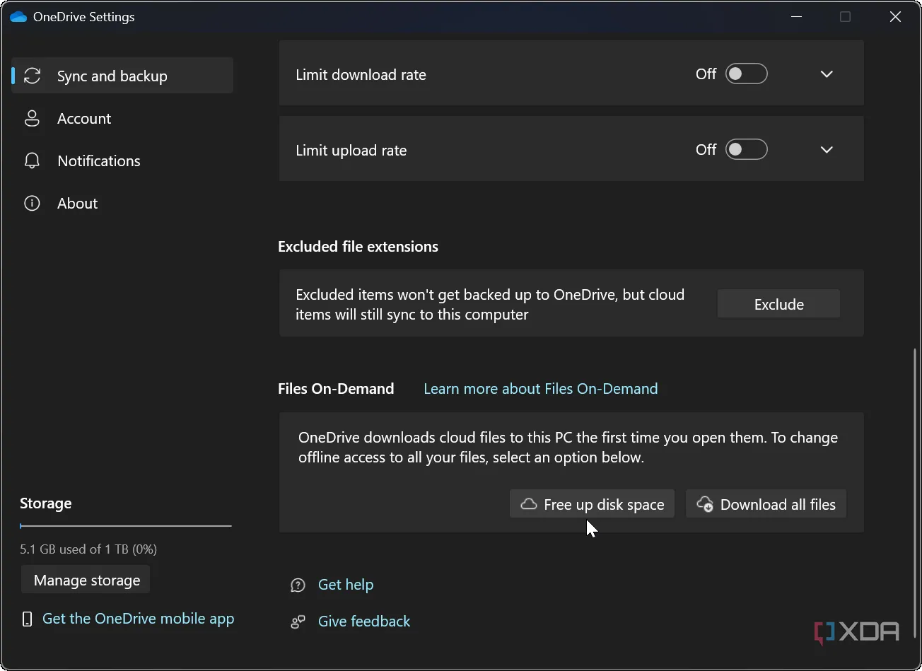 Nút &quot;Giải phóng dung lượng ổ đĩa&quot; trong cài đặt OneDrive để kích hoạt Files On-Demand