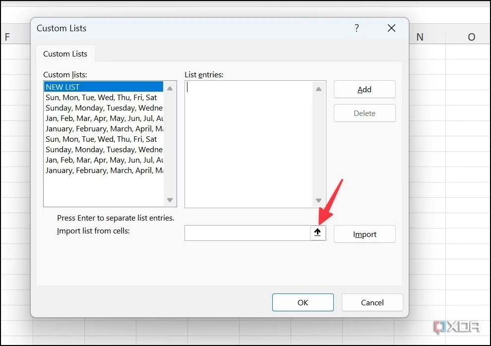 Nút Import list from cells (Nhập danh sách từ ô) trong hộp thoại Custom Lists của Excel
