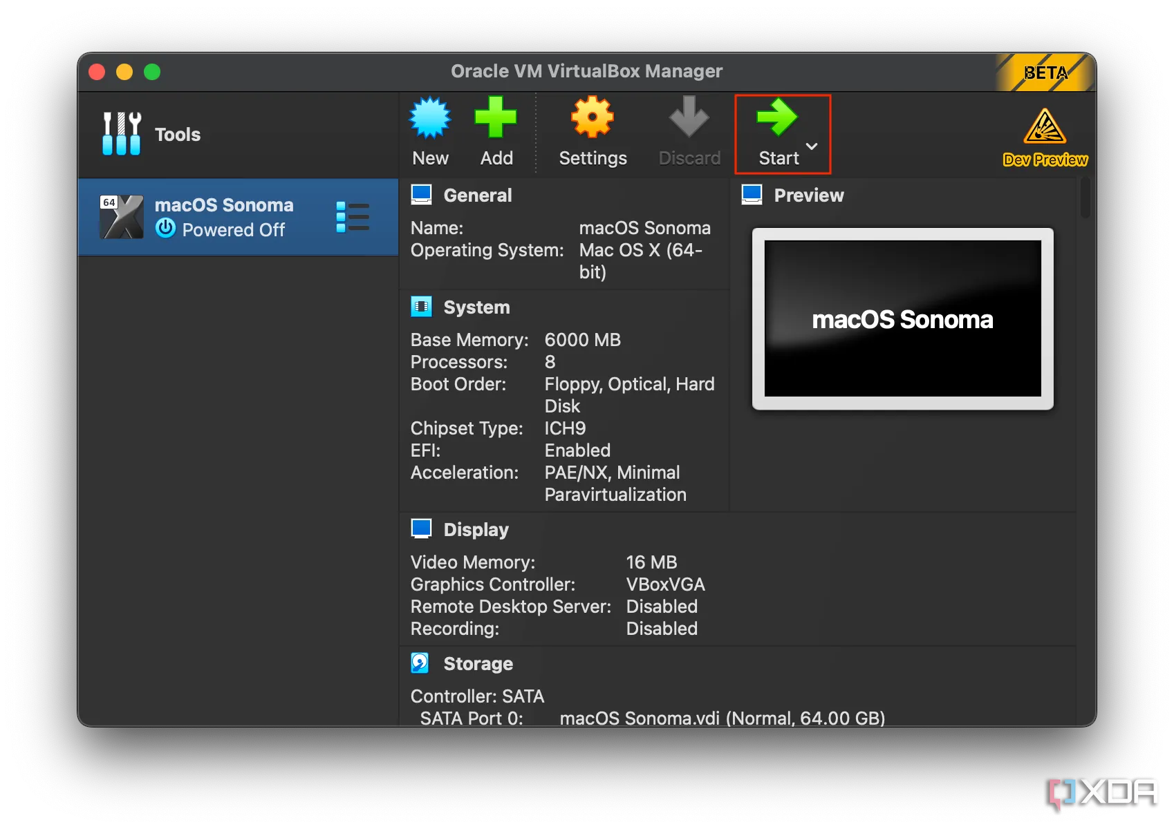 Nút khởi động máy ảo macOS trong giao diện VirtualBox, minh họa lợi ích RAM nhanh cho hiệu suất máy ảo