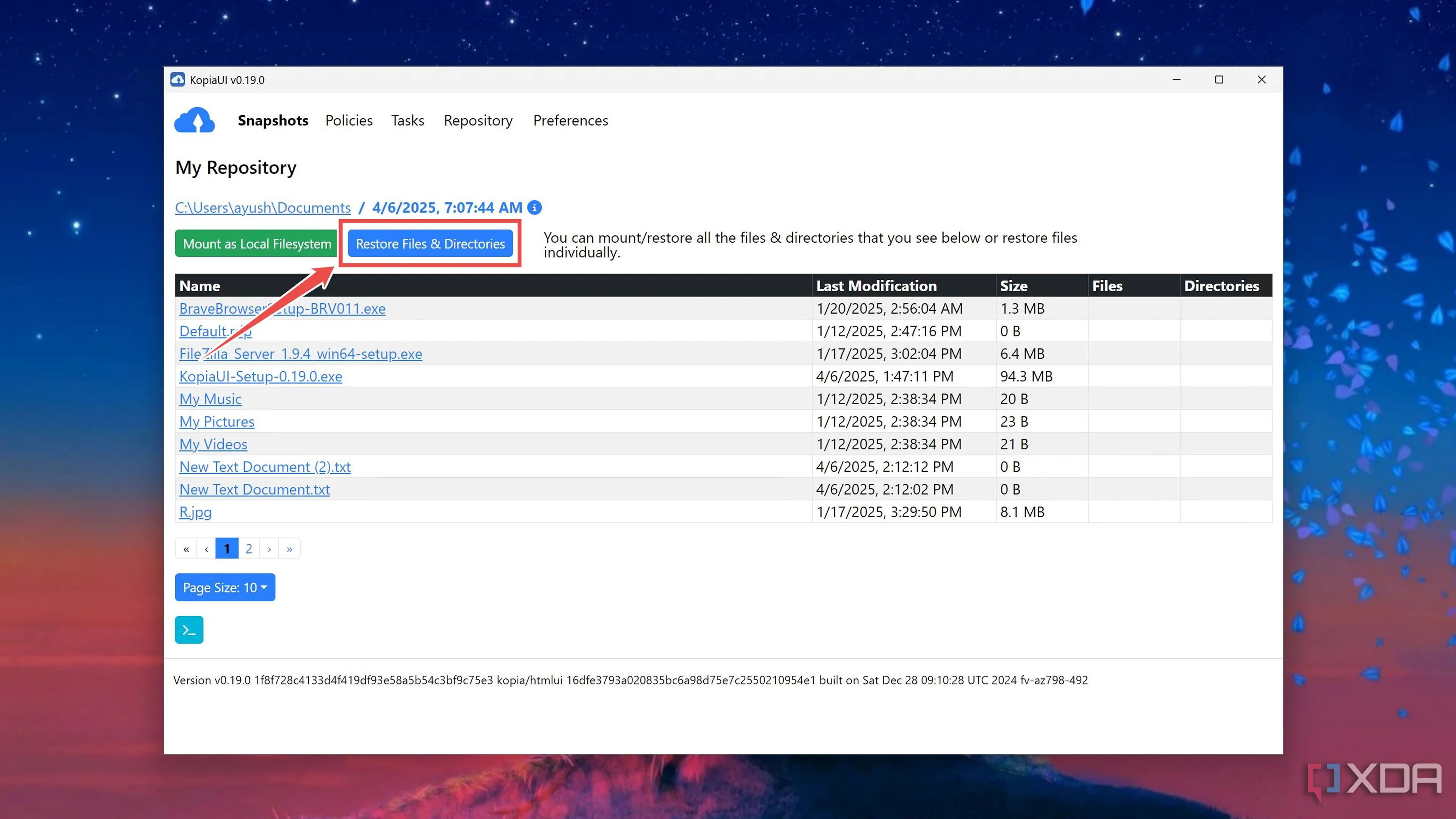 Nút Restore Files &amp; Directories trong Kopia để khôi phục toàn bộ nội dung của một snapshot đã chọn