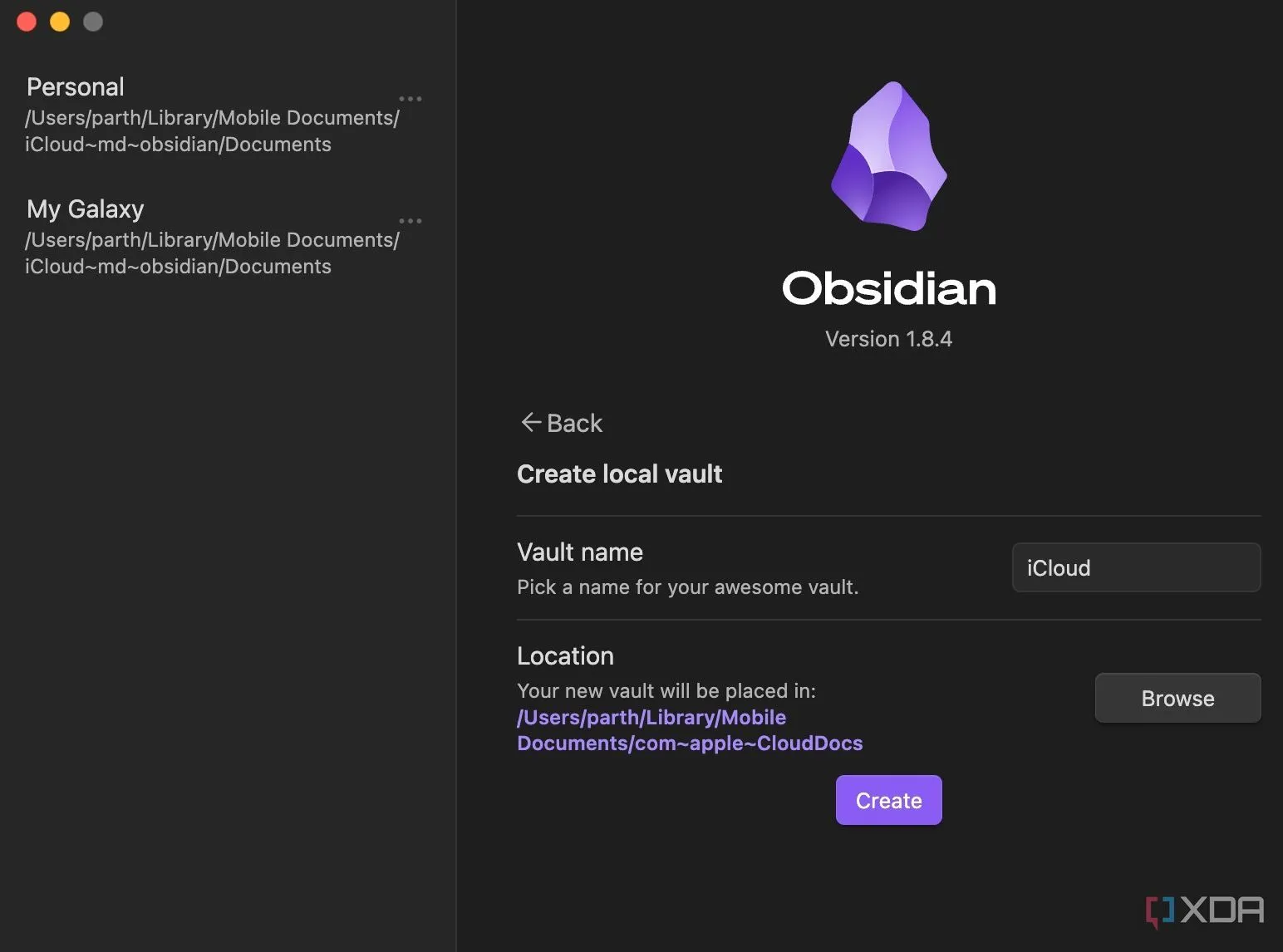 Obsidian hiển thị thư mục iCloud được chọn để đồng bộ dữ liệu