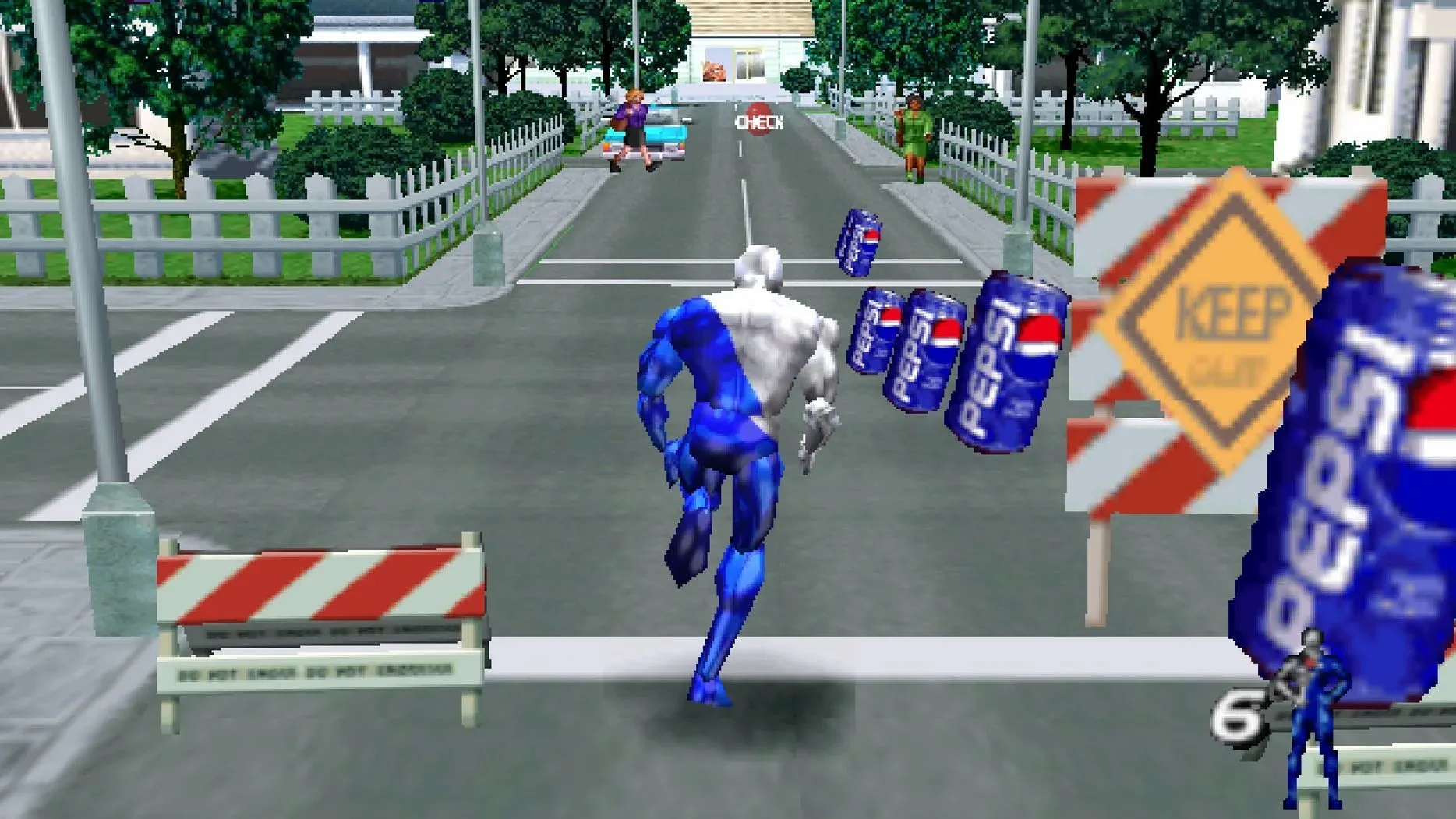 Pepsiman, linh vật của Pepsi, đang chạy và thu thập lon nước ngọt trong game Pepsiman trên PS1