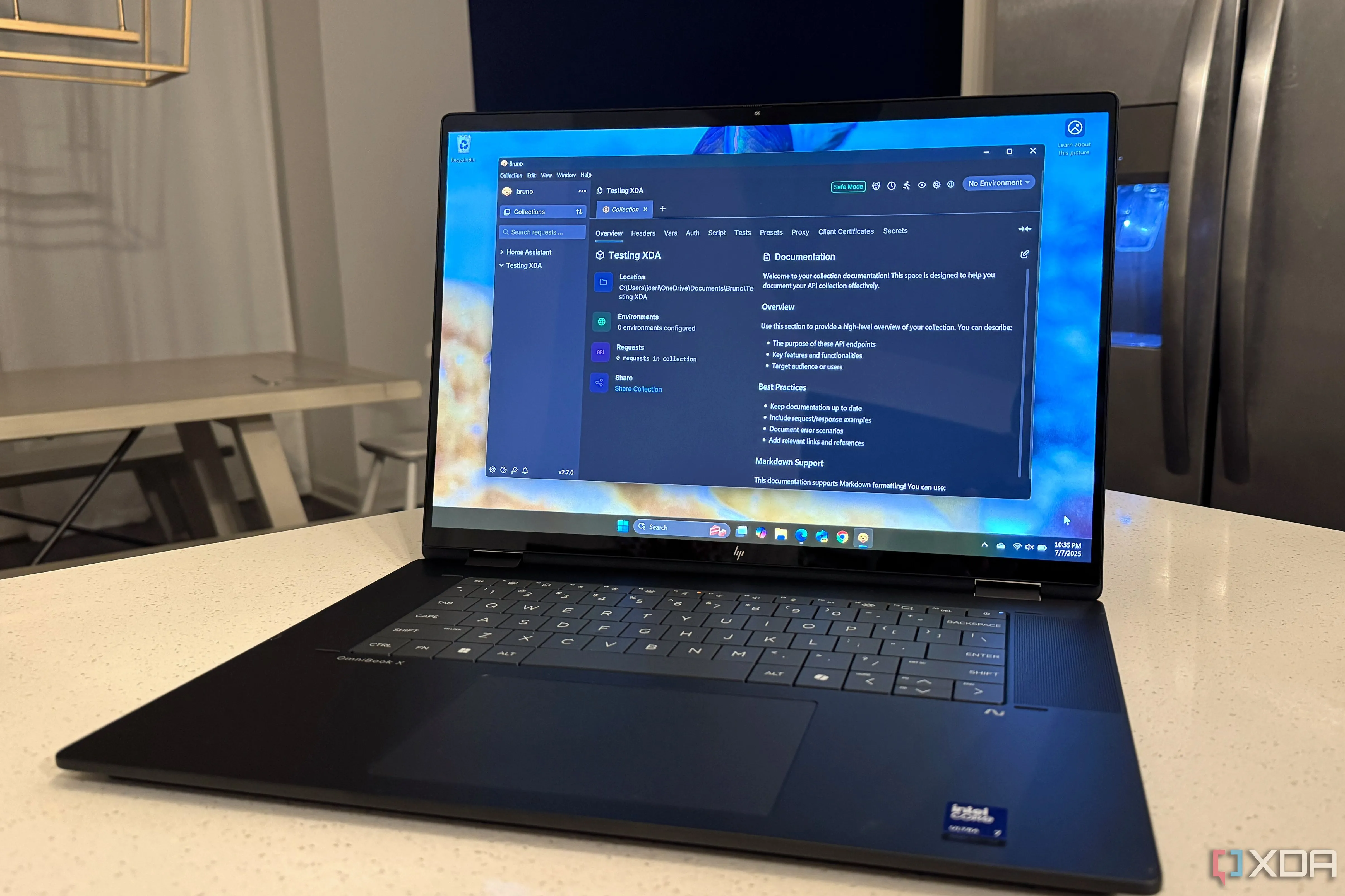 Phần mềm Bruno trên màn hình laptop, biểu thị việc làm việc với API trong tích hợp RESTful Sensor của Home Assistant