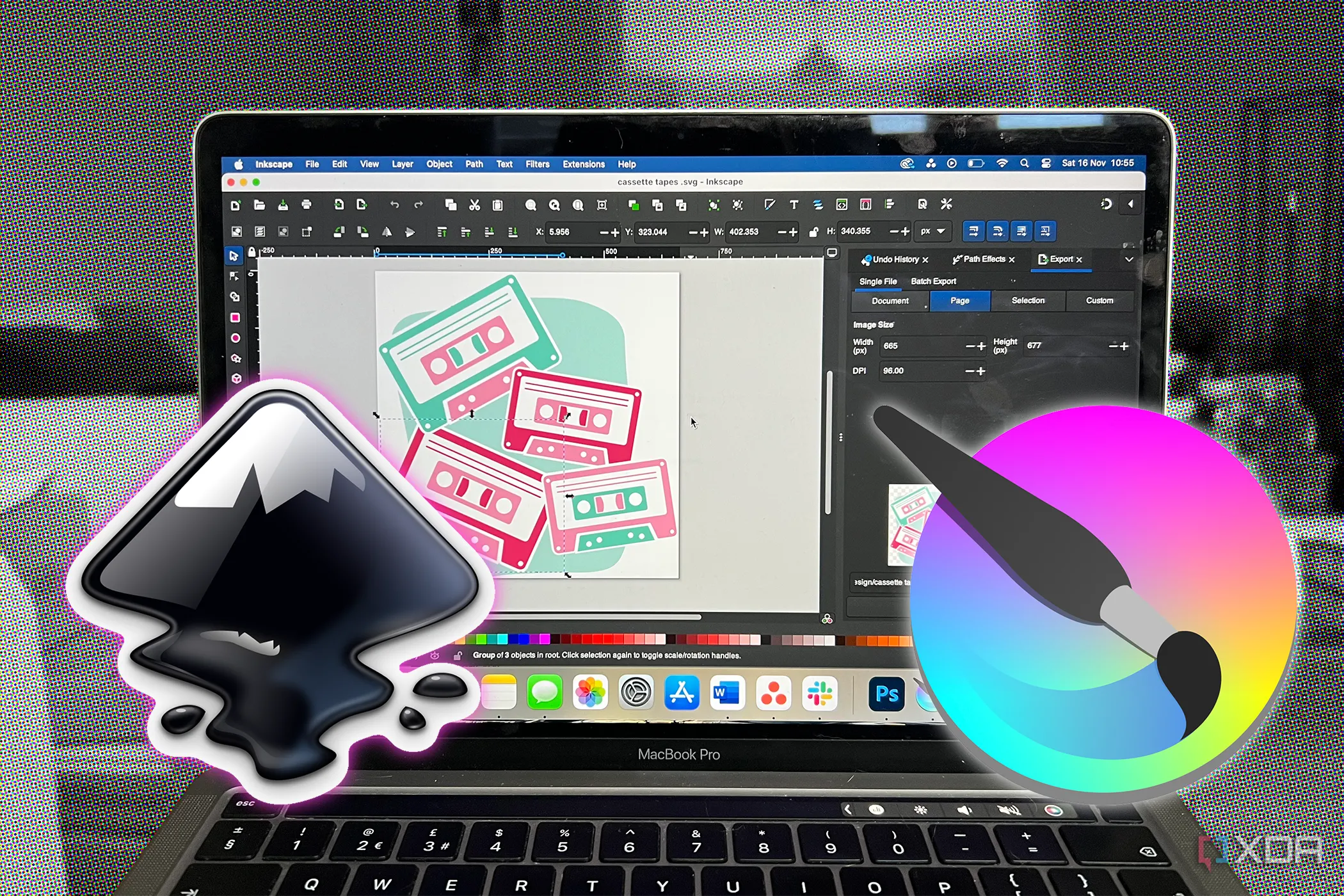 Phần mềm Inkscape chạy trên MacBook, cùng logo Krita, ví dụ về các công cụ mã nguồn mở