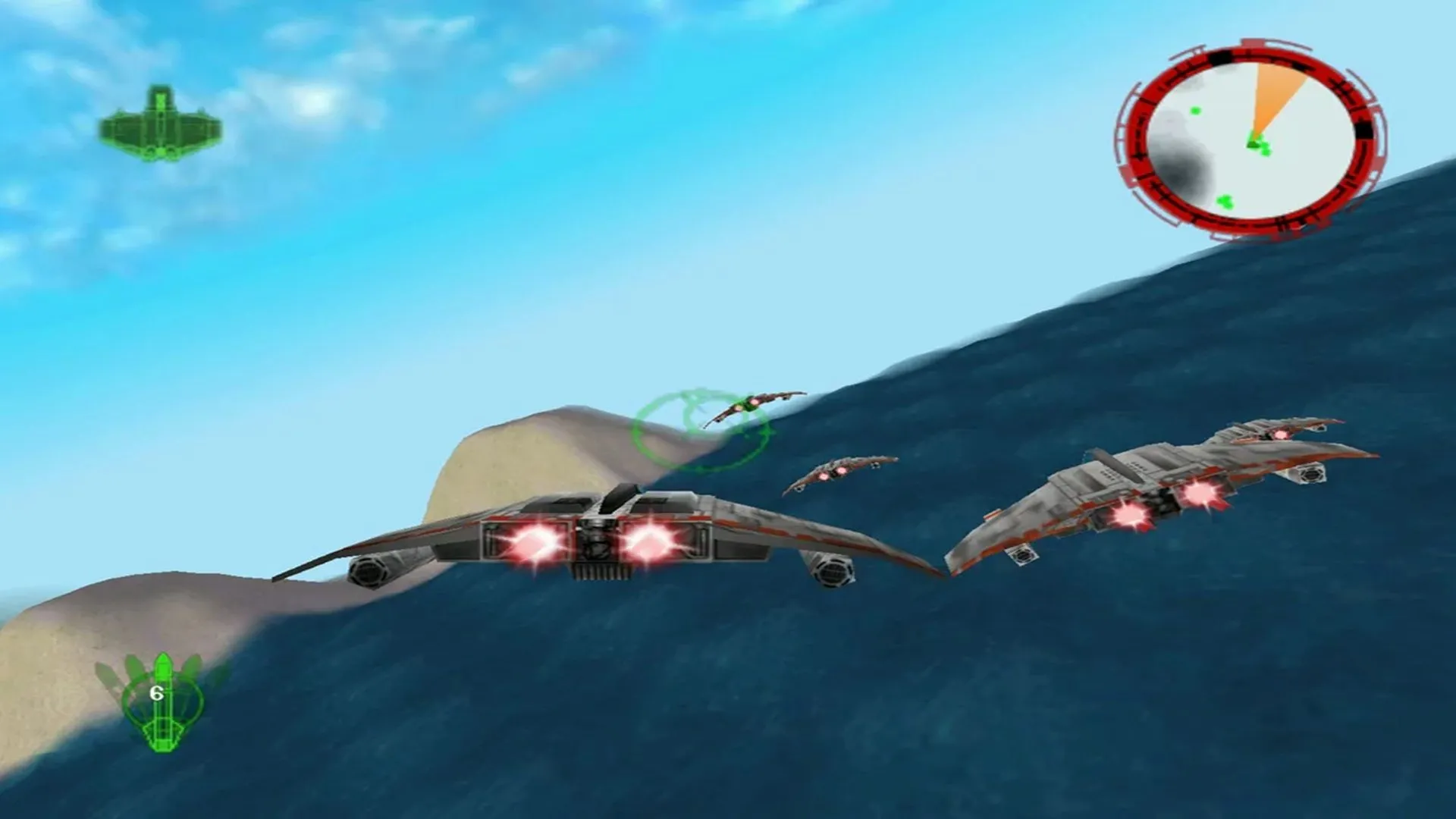Phi thuyền V-Wing cùng đồng đội bay trong đội hình chiến đấu của Star Wars Rogue Squadron trên N64