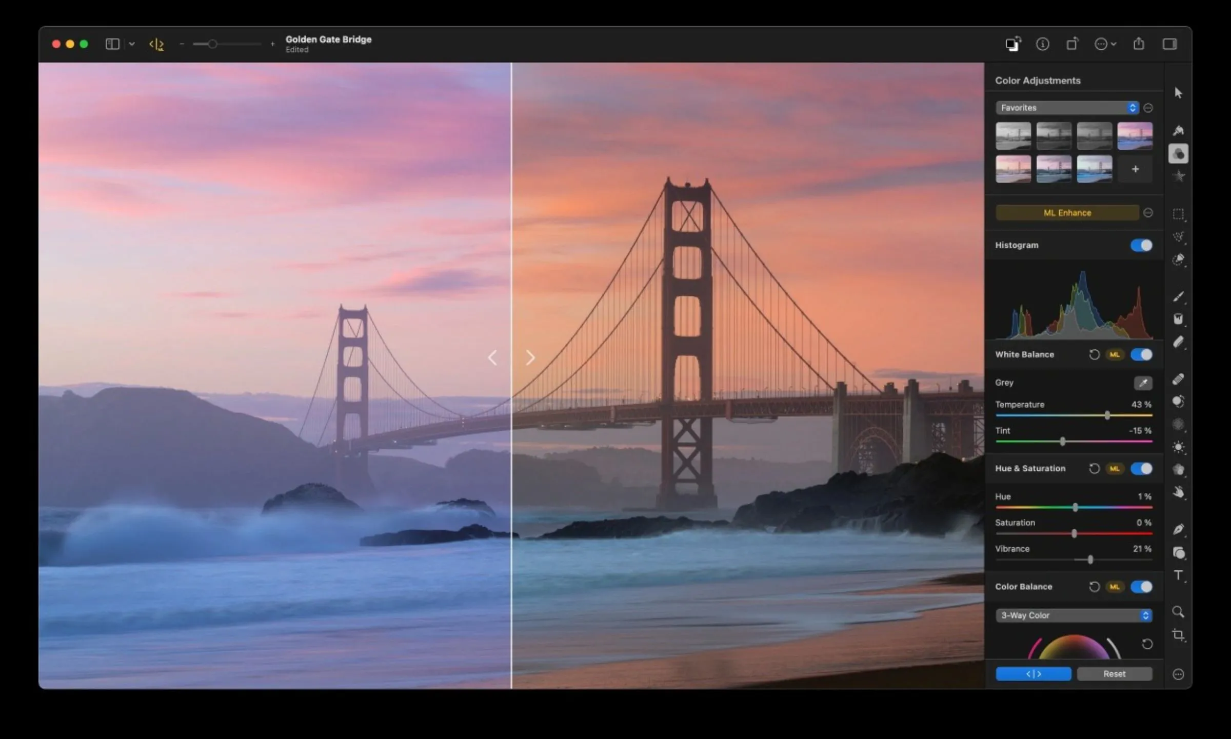 Pixelmator Pro chỉnh sửa ảnh cầu Cổng Vàng với các công cụ retouch