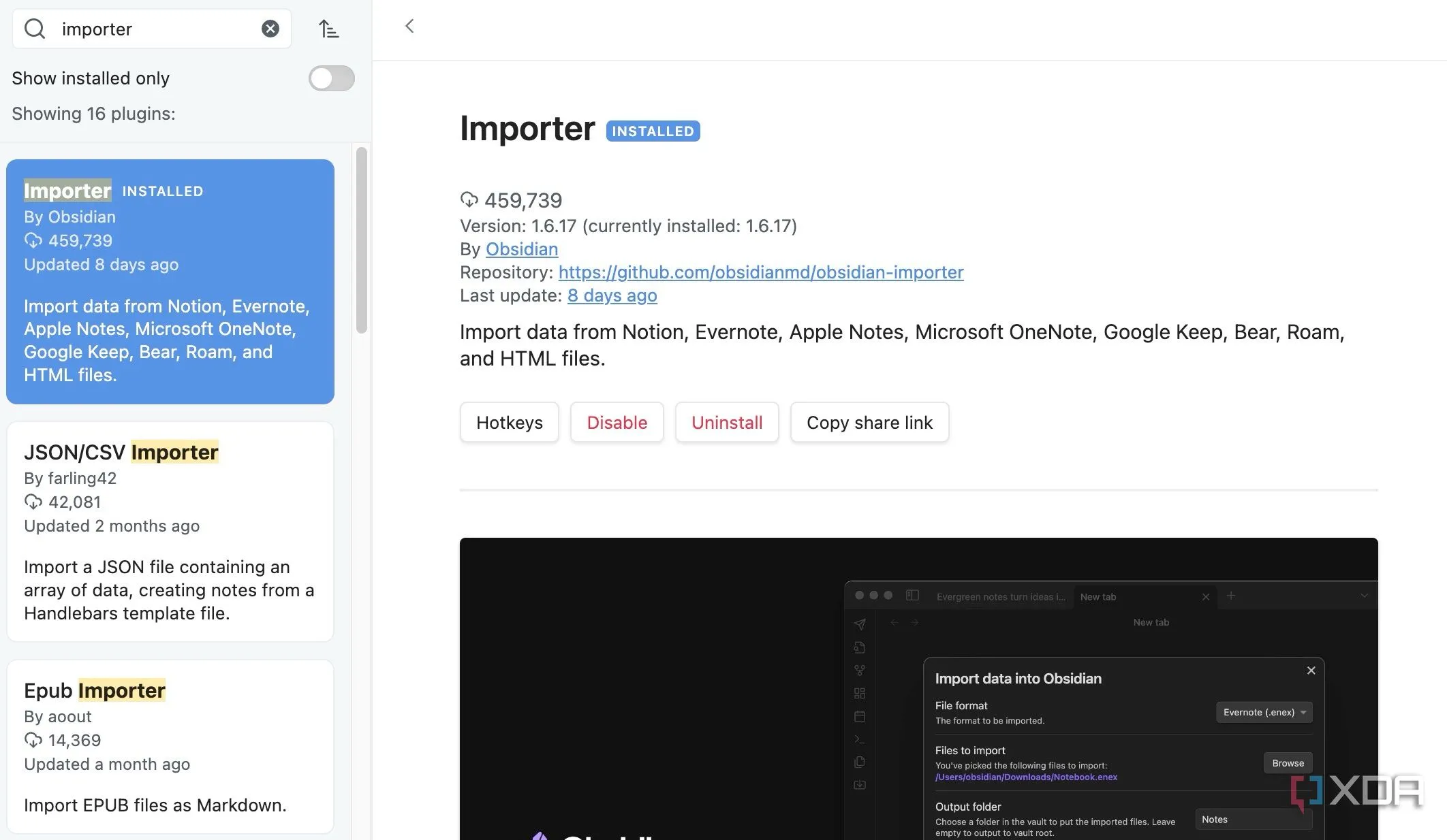 Plugin Importer được hiển thị trong danh sách plugin của Obsidian, với nút Install và Enable