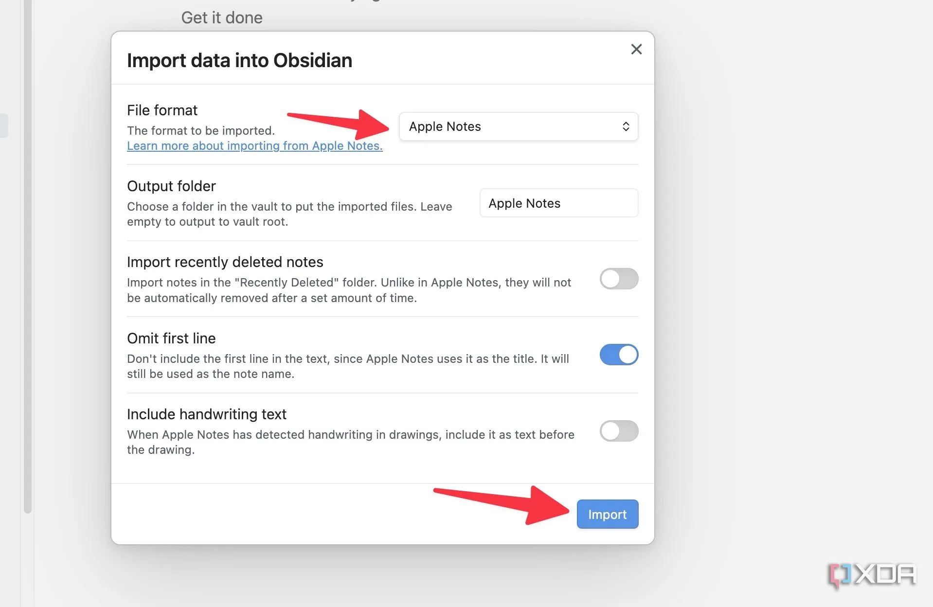 Plugin Importer trong Obsidian, chọn Apple Notes làm nguồn và các tùy chọn nhập