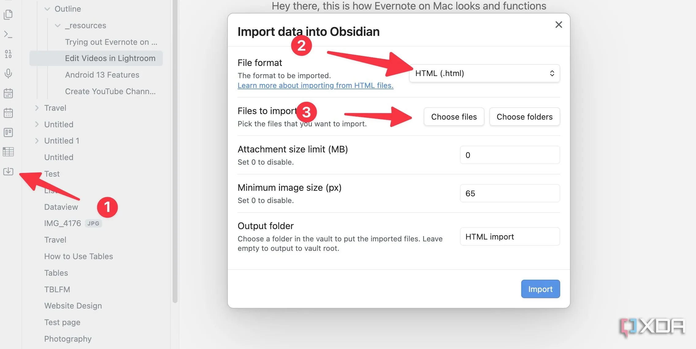 Plugin Importer trong Obsidian, chọn định dạng HTML và các tùy chọn nhập tệp