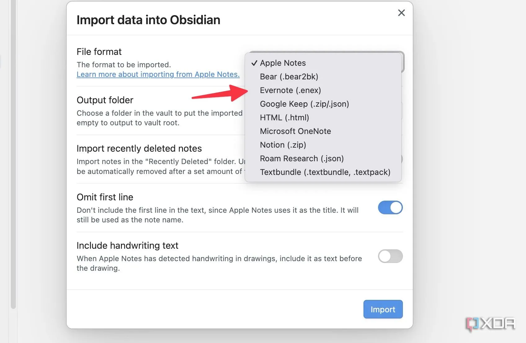 Plugin Importer trong Obsidian, chọn Evernote làm nguồn xuất và nút Choose files