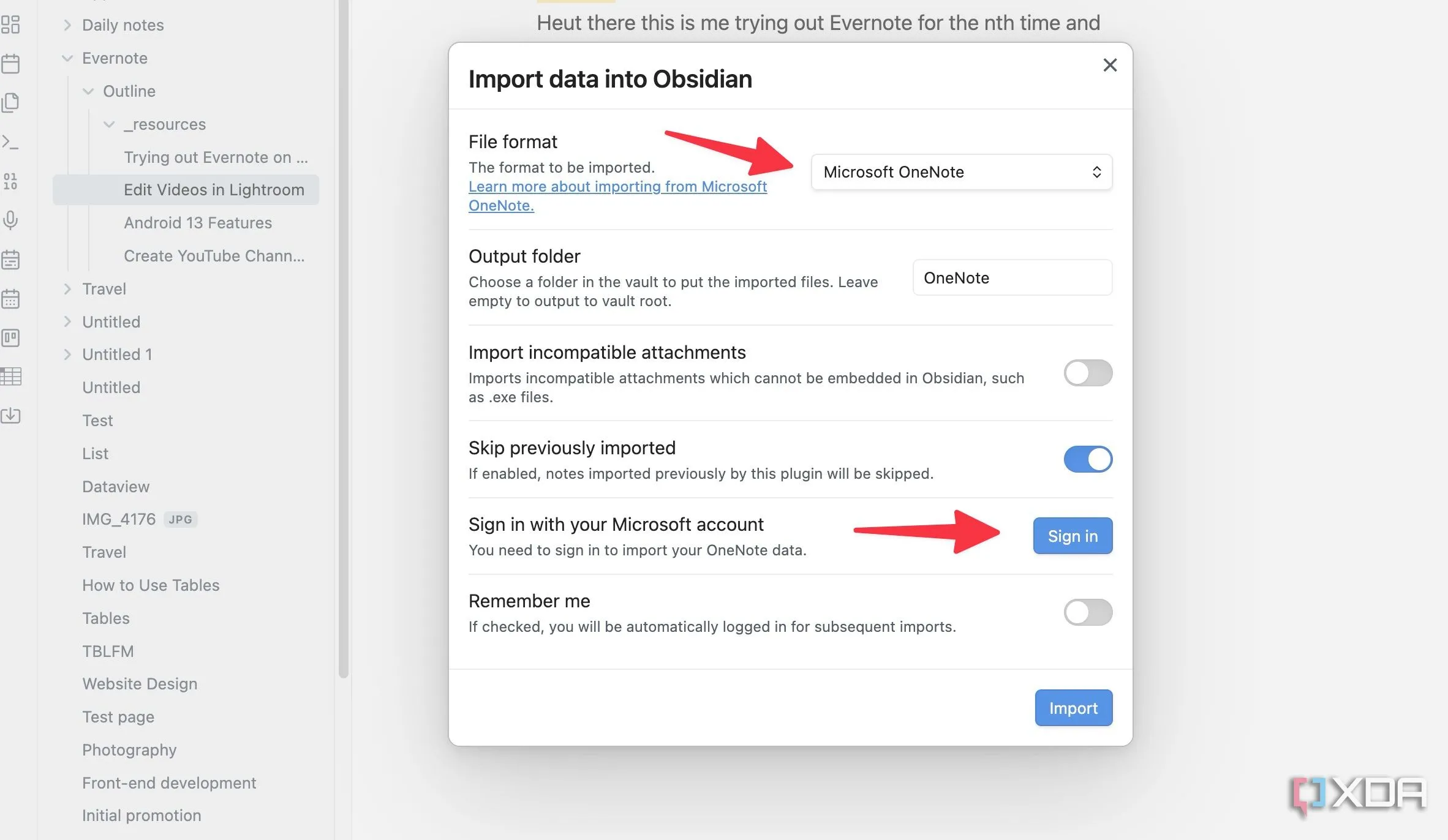 Plugin Importer trong Obsidian, chọn Microsoft OneNote và tùy chọn đăng nhập để nhập ghi chú