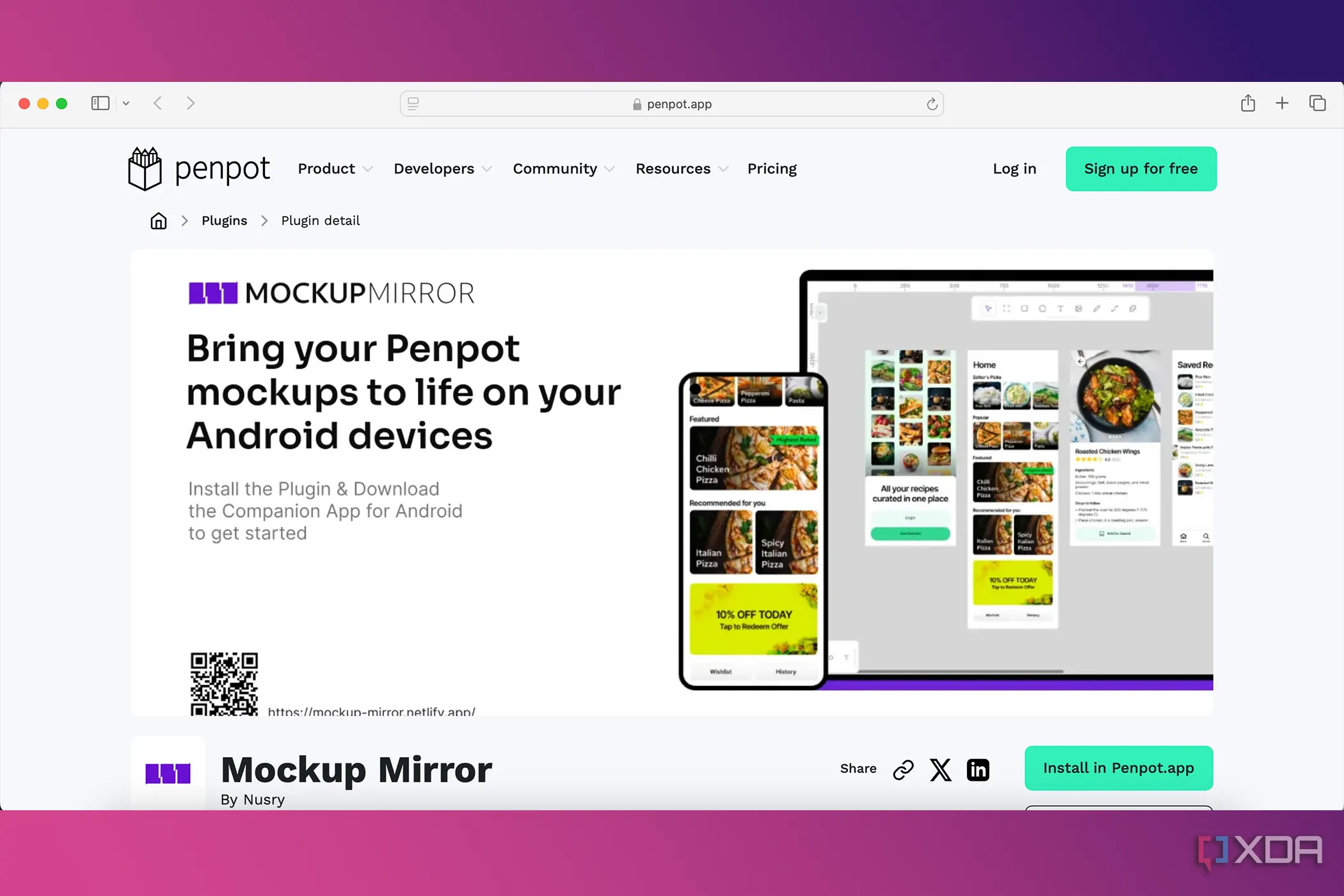 Plugin Mockup Mirror trong Penpot, cho phép xem trực tiếp bản thiết kế UX/UI trên thiết bị Android thực tế để kiểm tra tương tác