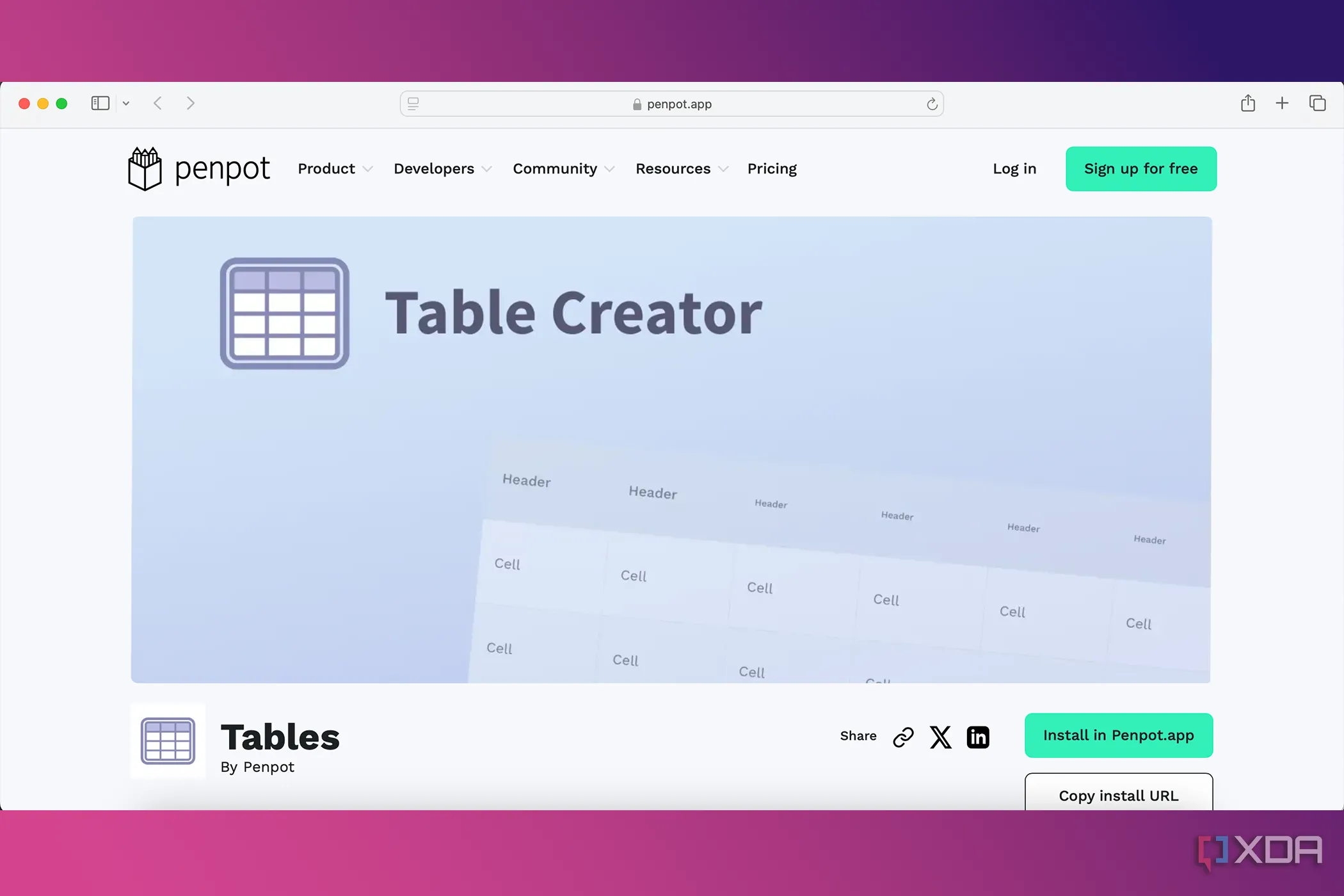 Plugin Tables trong Penpot hiển thị một bảng dữ liệu được tạo và tùy chỉnh, minh họa khả năng nhập CSV và chỉnh sửa cấu trúc bảng