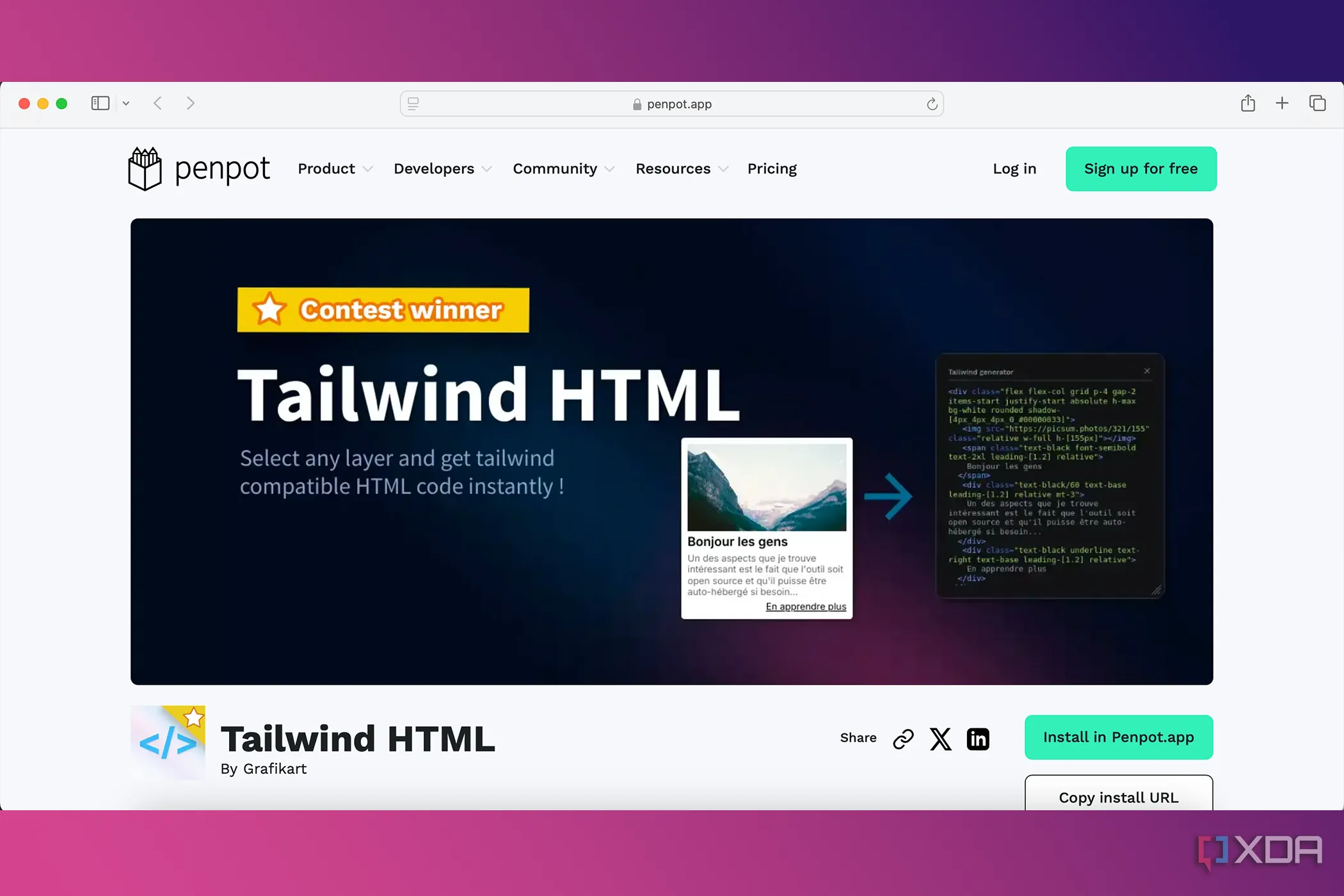 Plugin Tailwind HTML trong Penpot, minh họa khả năng chuyển đổi các layer thiết kế thành mã Tailwind CSS và HTML một cách tự động