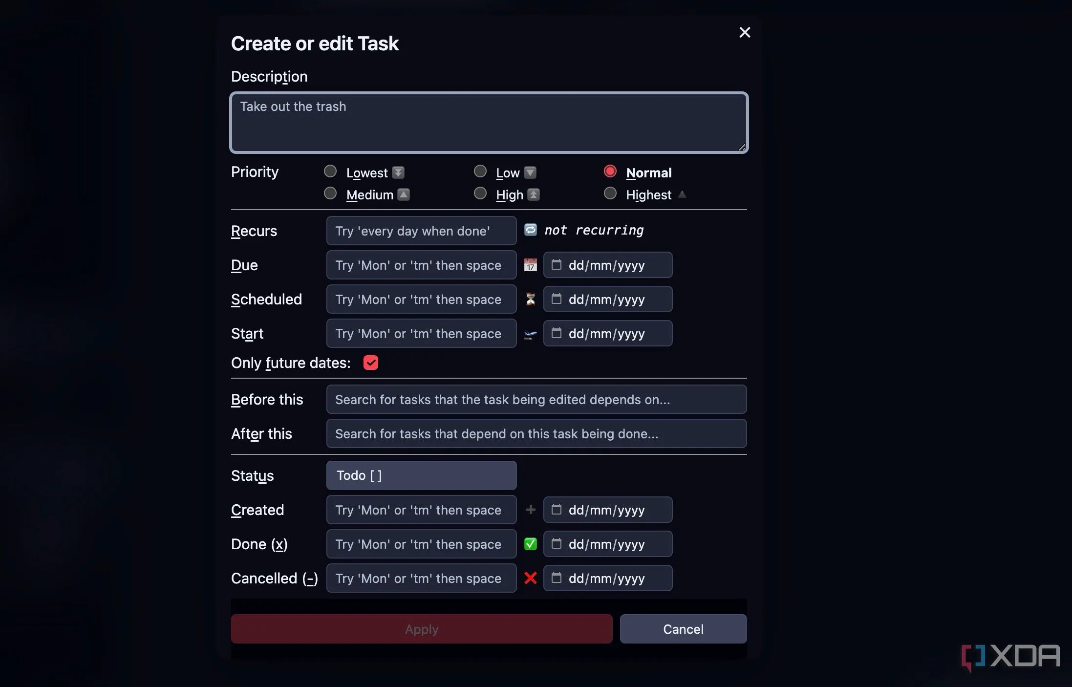 Plugin Tasks trong Obsidian hiển thị danh sách công việc với trạng thái và ưu tiên.