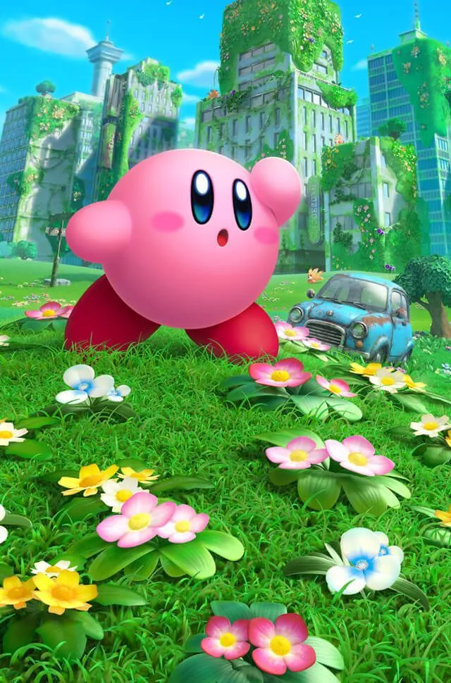 Poster cho game video Kirby and the Forgotten Land, với Kirby và Waddle Dee