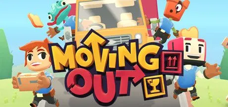 Poster game Moving Out với các nhân vật hoạt hình đang dọn đồ