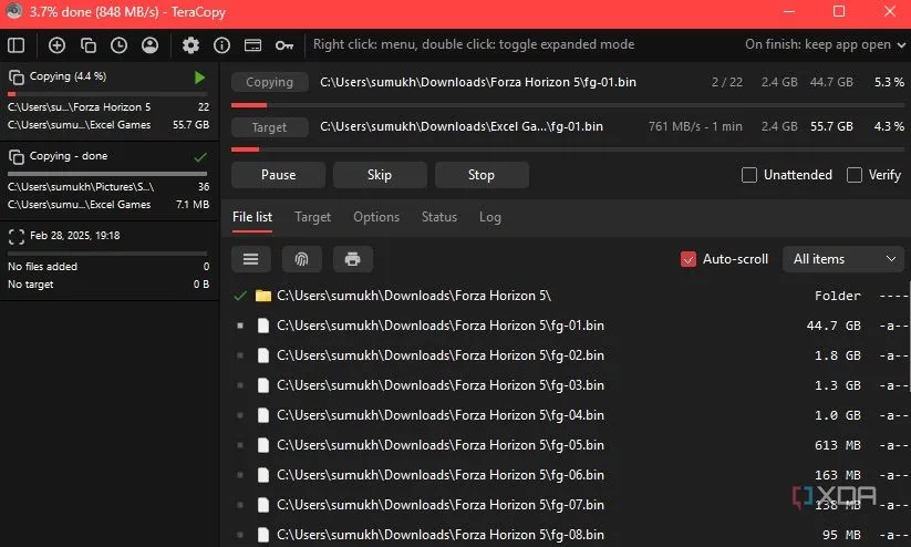 Quá trình sao chép file đang diễn ra với TeraCopy, minh họa khả năng quản lý lỗi và bỏ qua file hỏng một cách thông minh.