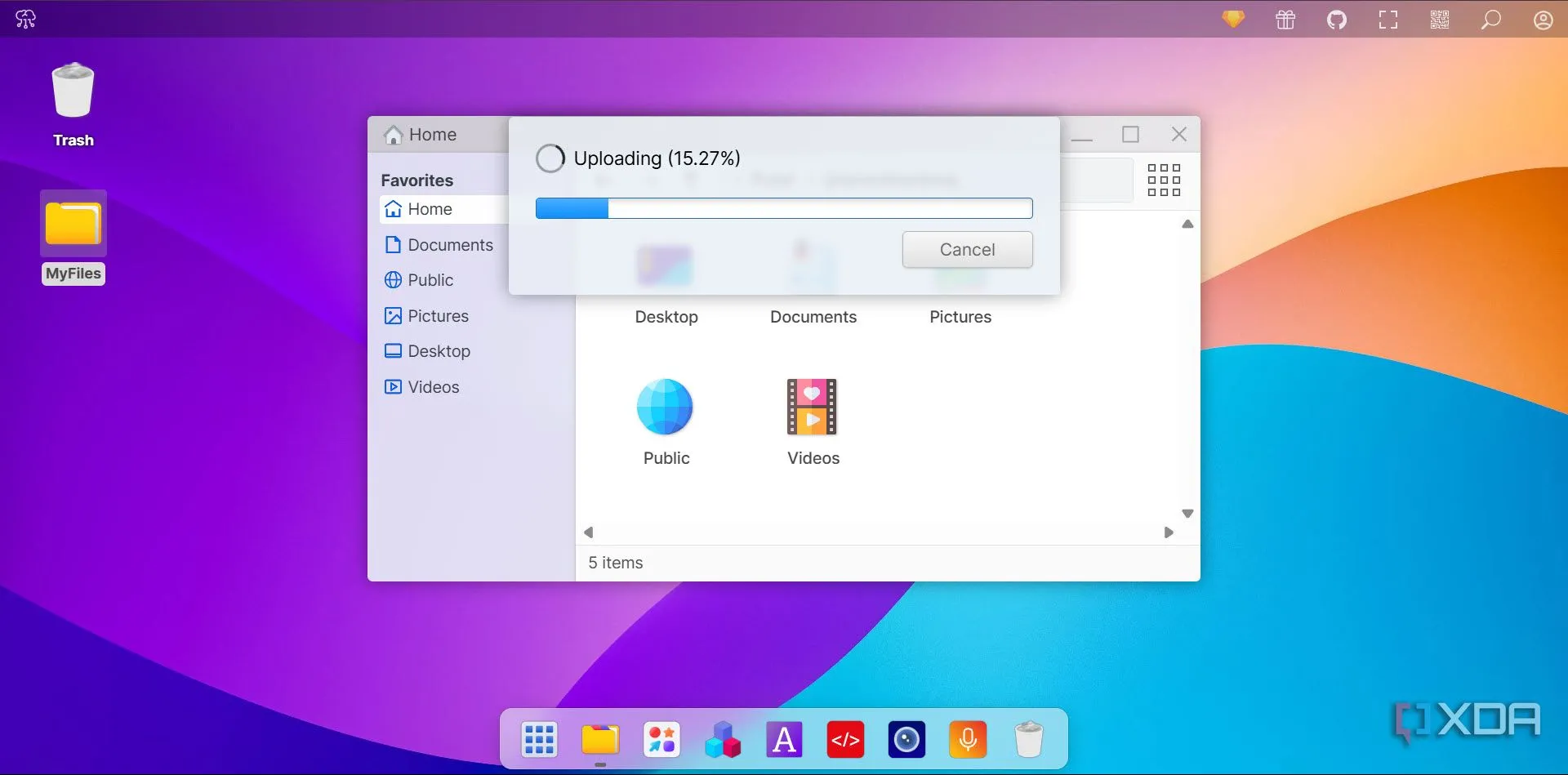Quá trình tải lên một tệp tin vào hệ thống lưu trữ đám mây của Puter OS qua giao diện web