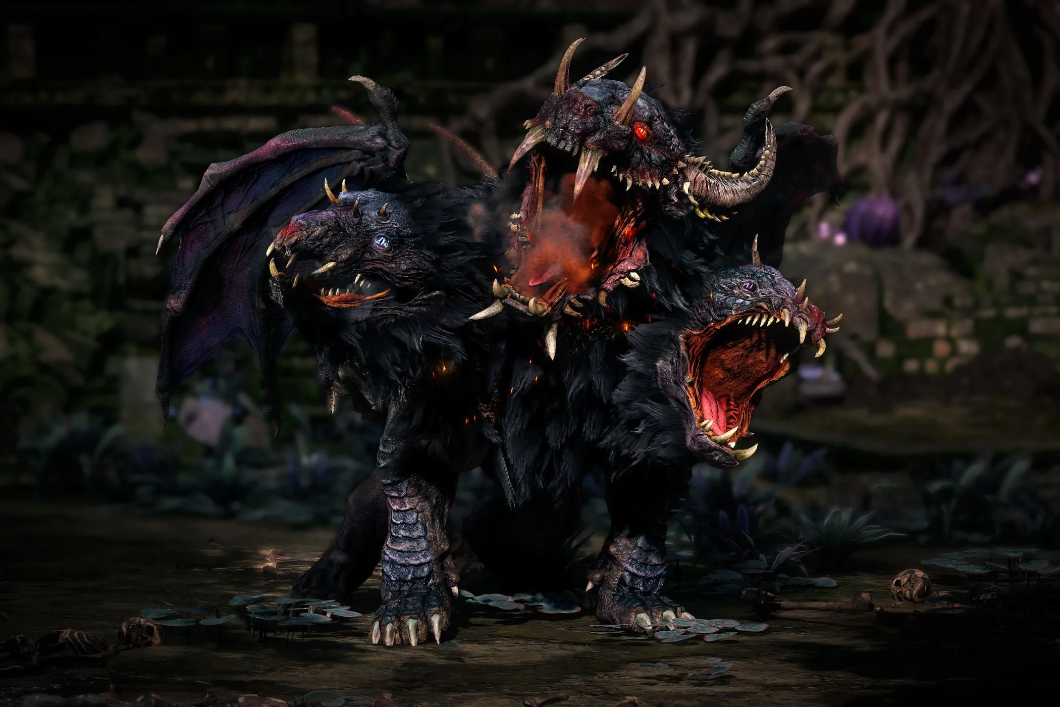 Quái vật Cerberus ba đầu hung dữ trong Path of Exile 2, minh họa phong cách thiết kế quái vật chi tiết của game.