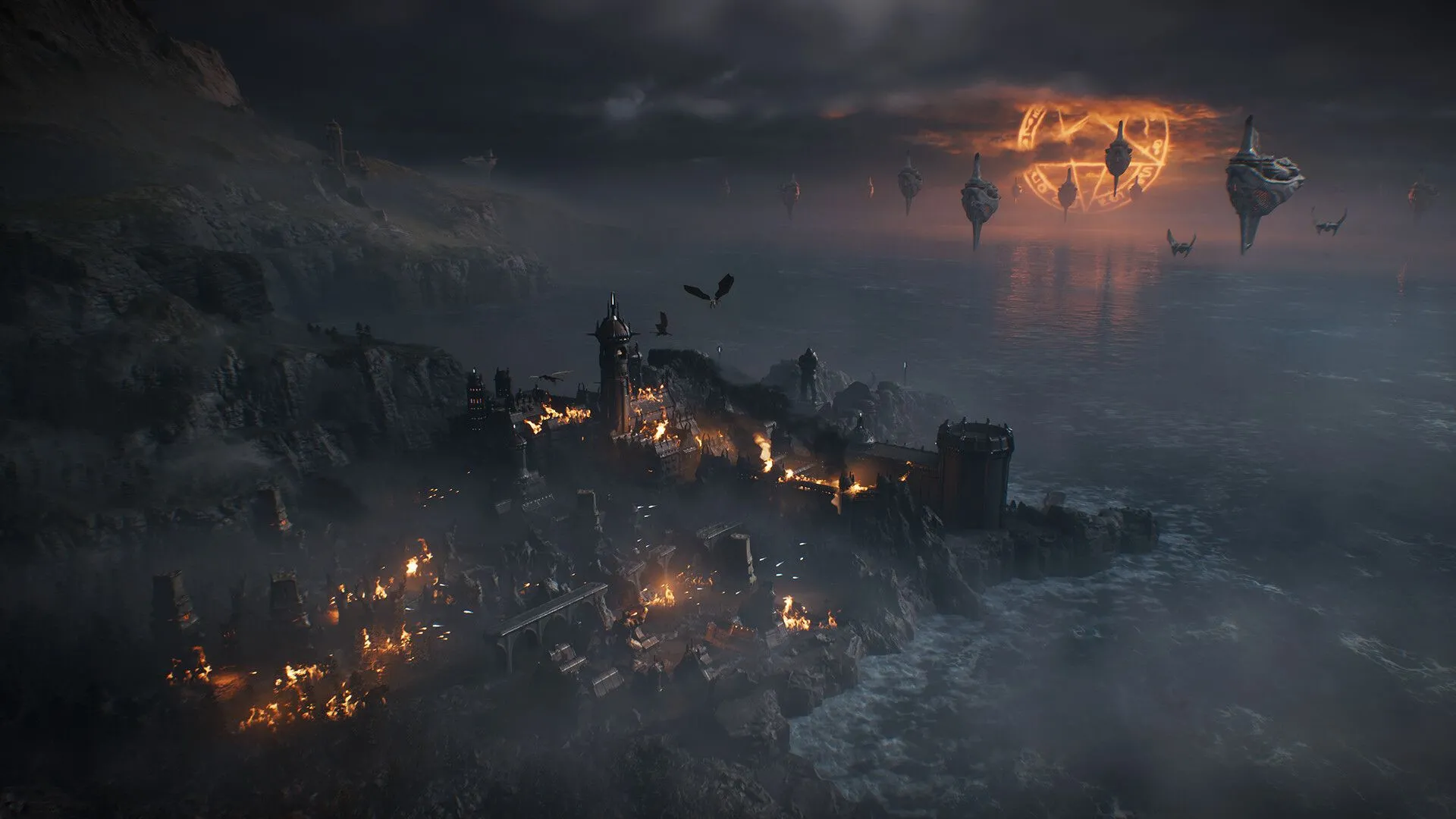 Quái vật khổng lồ và hiệu ứng ánh sáng trong một phân cảnh của Doom: The Dark Ages.