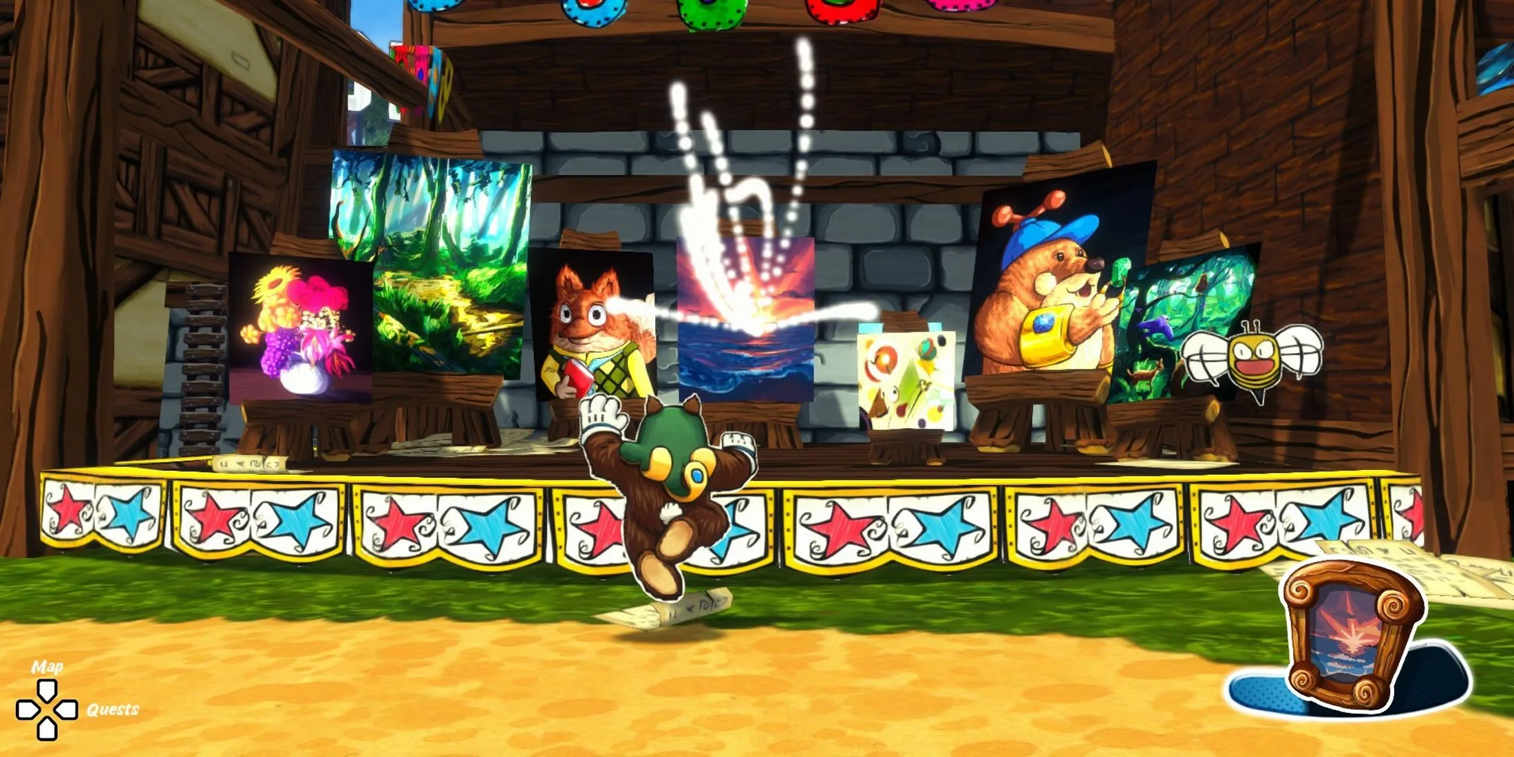 Ruffy tham gia một mini-game trong Ruffy and the Riverside với khung cảnh vui tươi