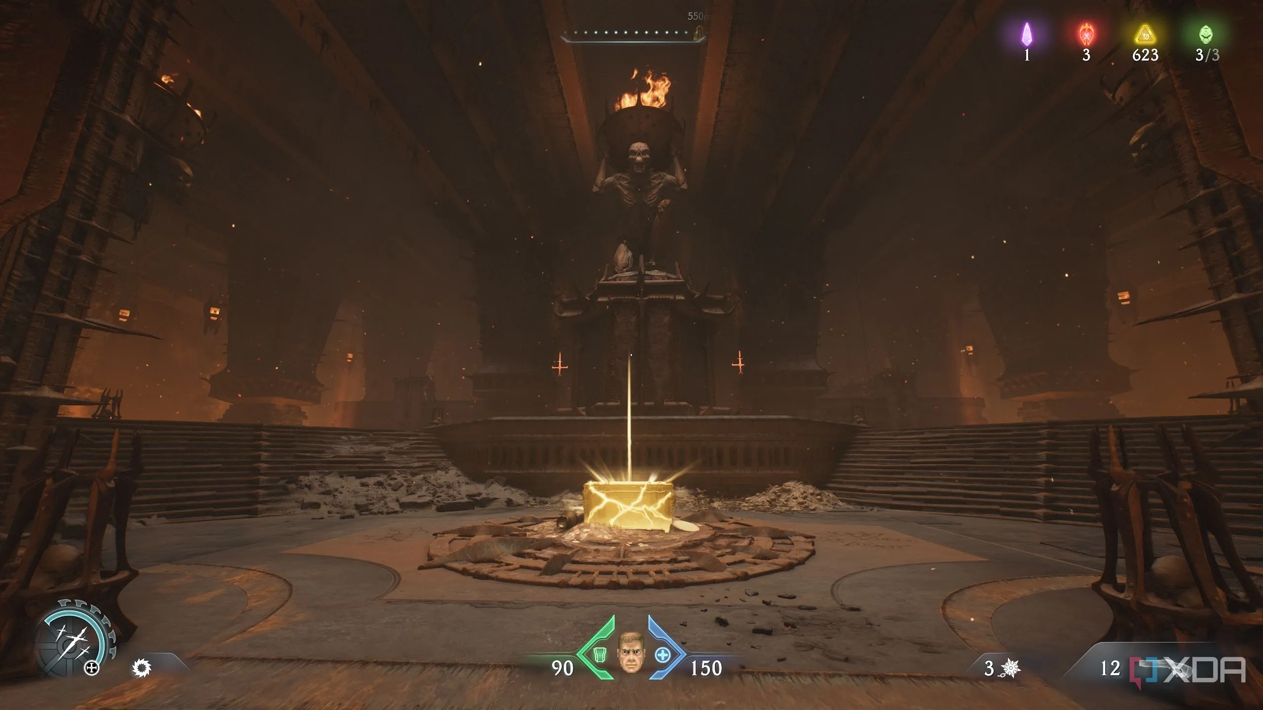Rương vàng (gold chest) trong Doom: The Dark Ages nằm dưới bức tượng quỷ lớn