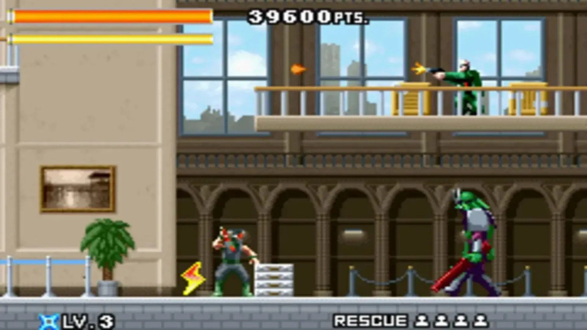 Screenshot nhân vật Joe Osugi đang vượt qua màn chơi và đối đầu kẻ thù trong tựa game Ninja Five-O trên GBA