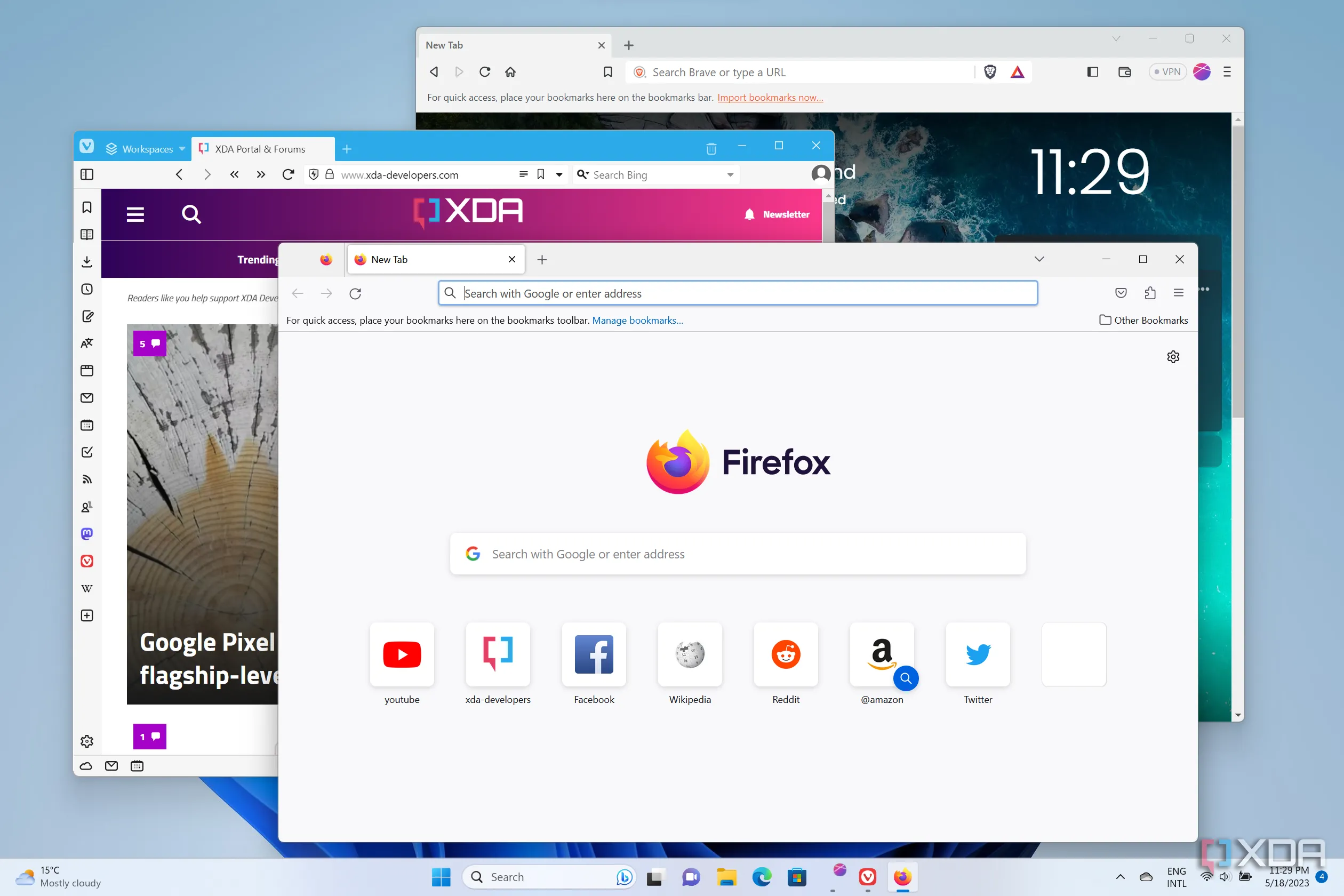 Screenshot Windows 11 với nhiều trình duyệt Firefox, Vivaldi, Brave