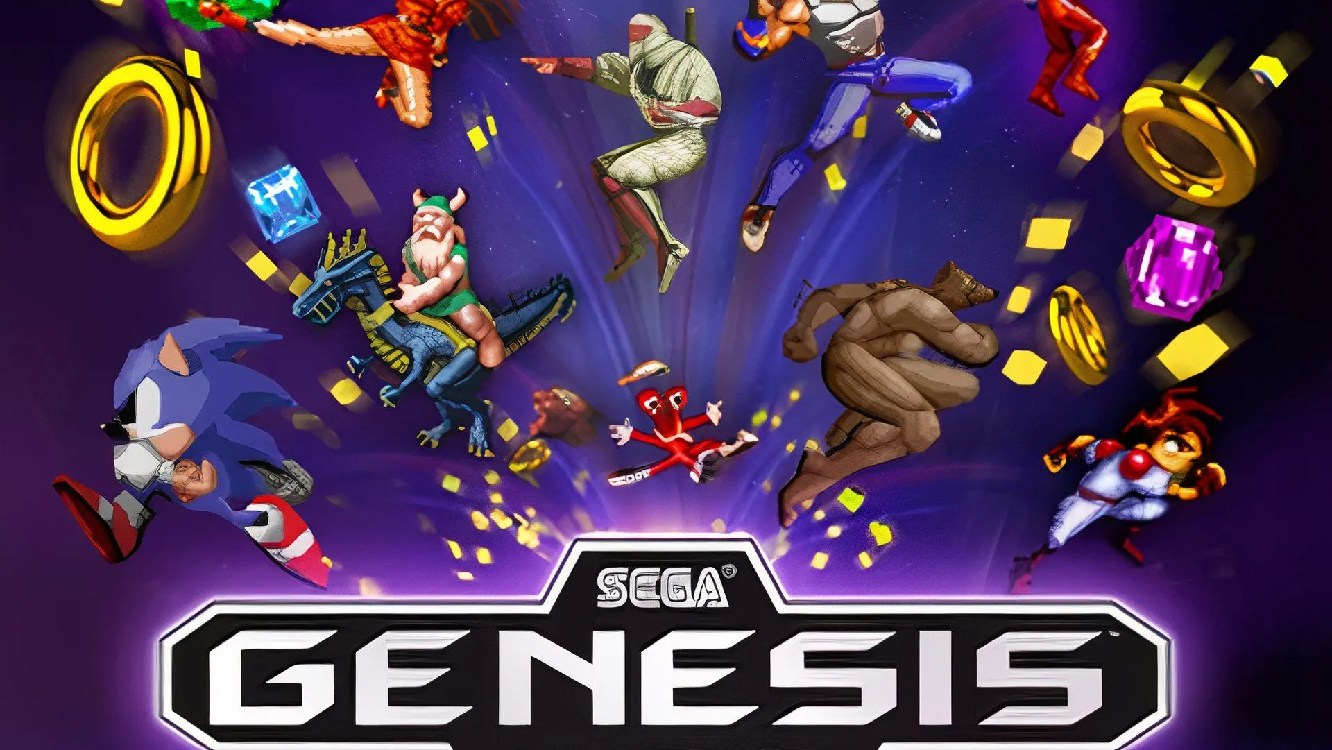 Sega Genesis console với logo Sonic The Hedgehog trên hộp