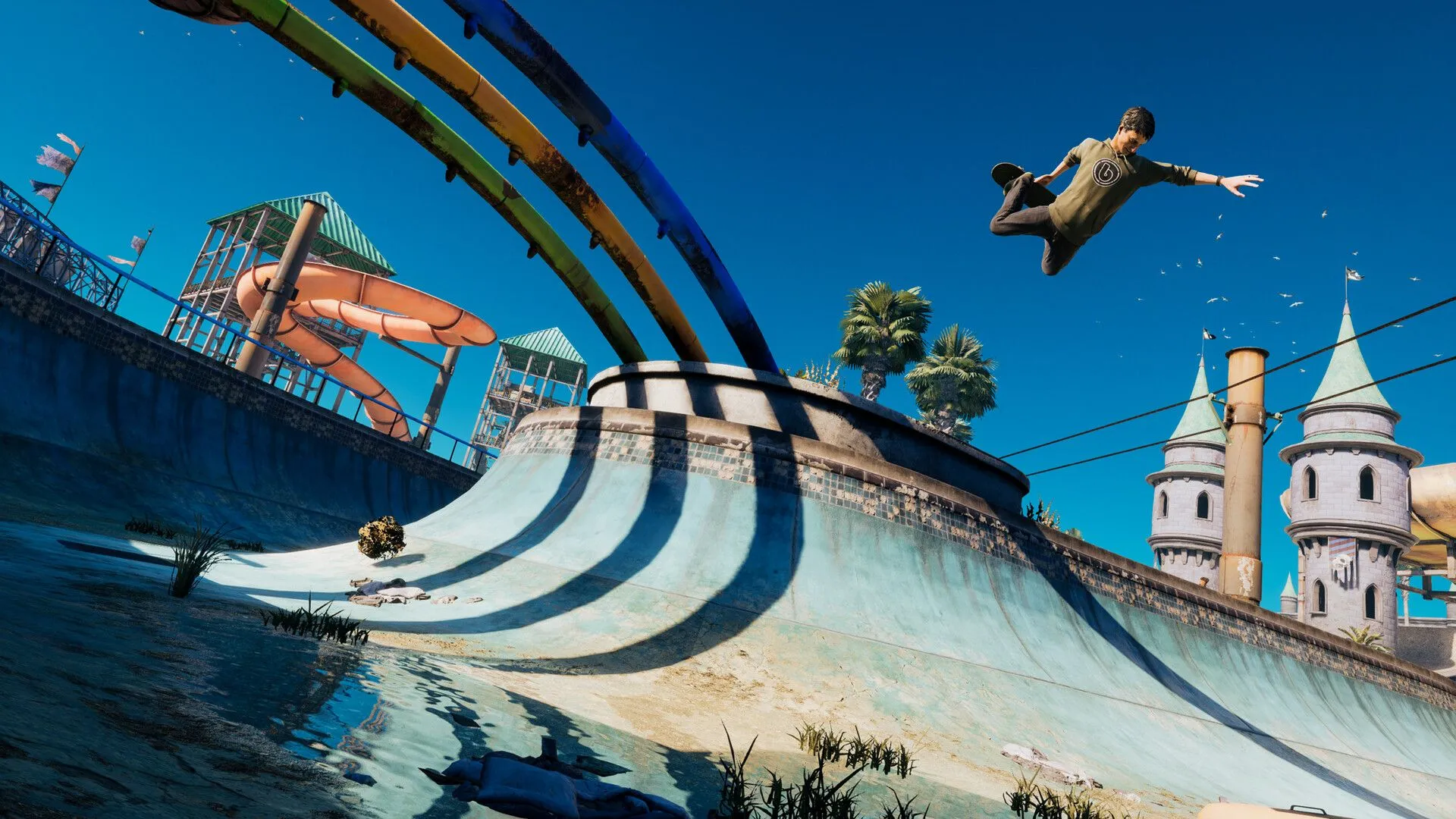 Skater chuyên nghiệp thực hiện động tác ollie vượt chướng ngại vật trong Tony Hawk's Pro Skater 3 + 4