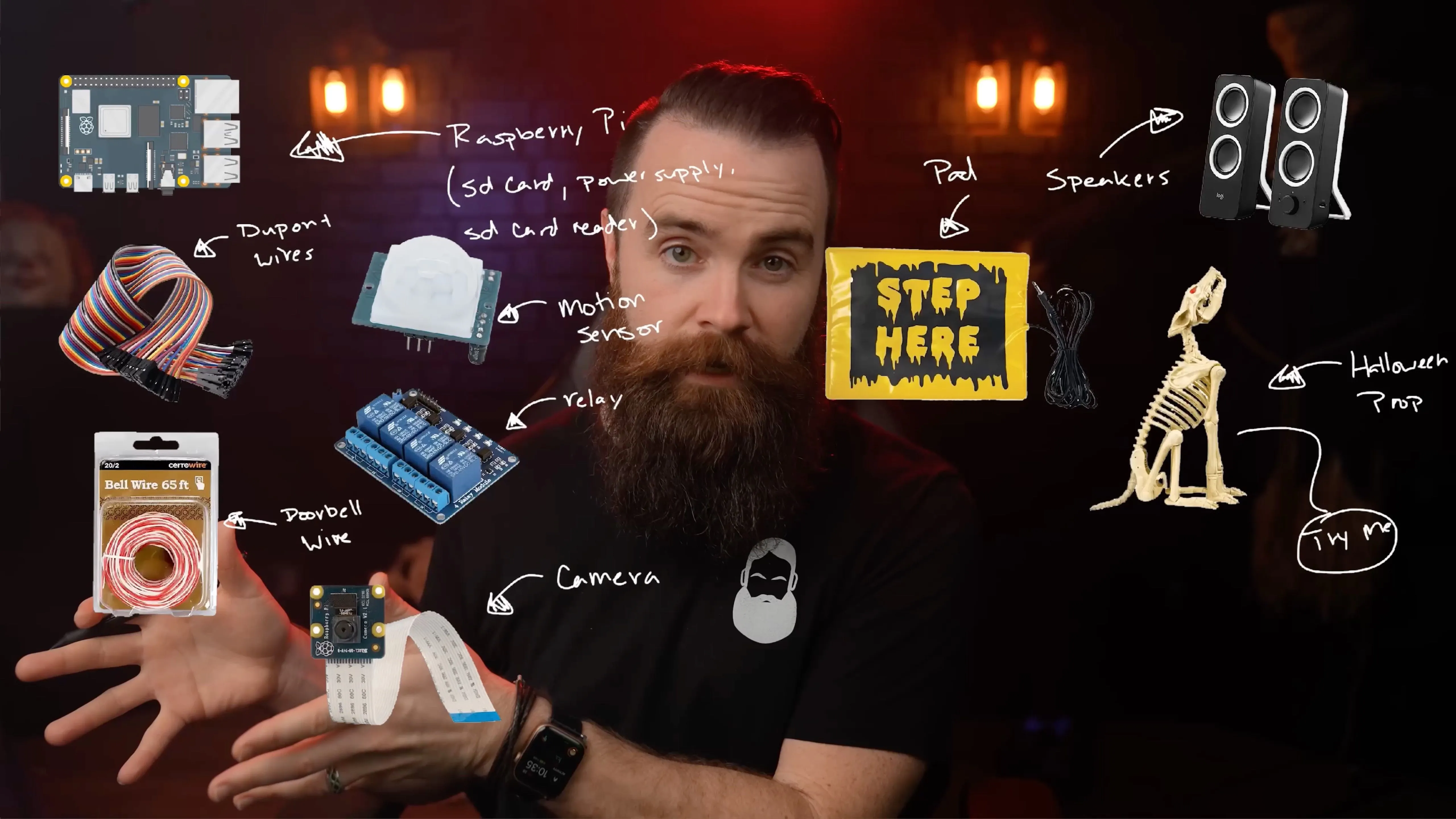 Sơ đồ và linh kiện điện tử trong một dự án IoT hoặc tự động hóa từ kênh NetworkChuck trên YouTube