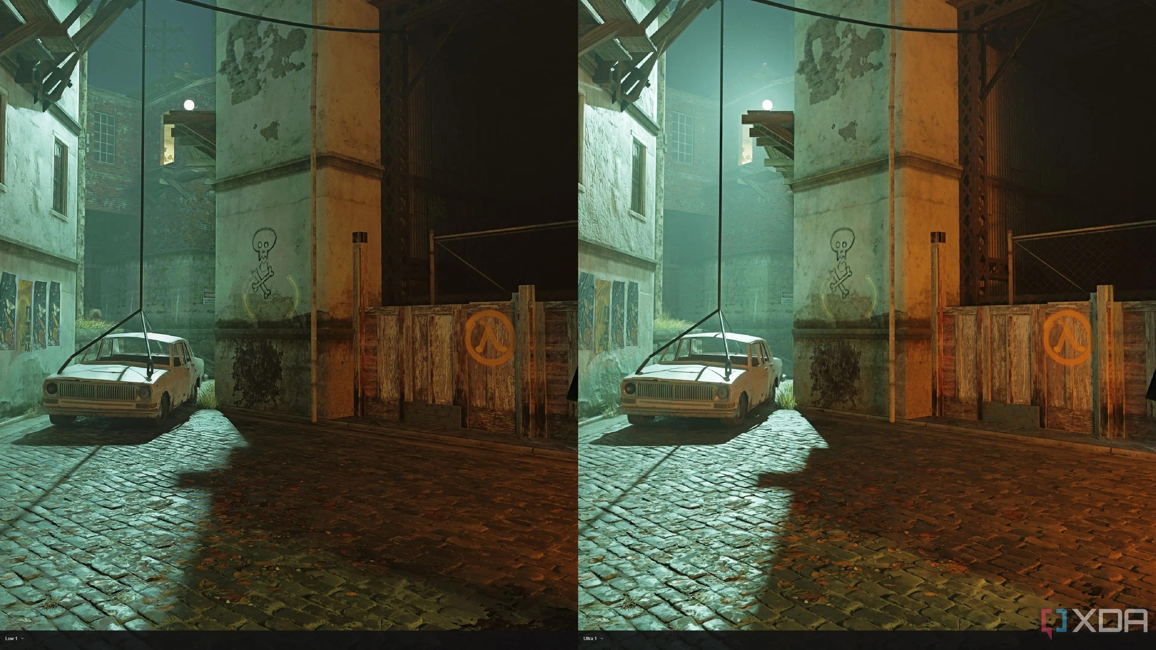 So sánh chất lượng ánh sáng Path Tracing giữa Ultra và Low preset trong Half-Life 2 RTX