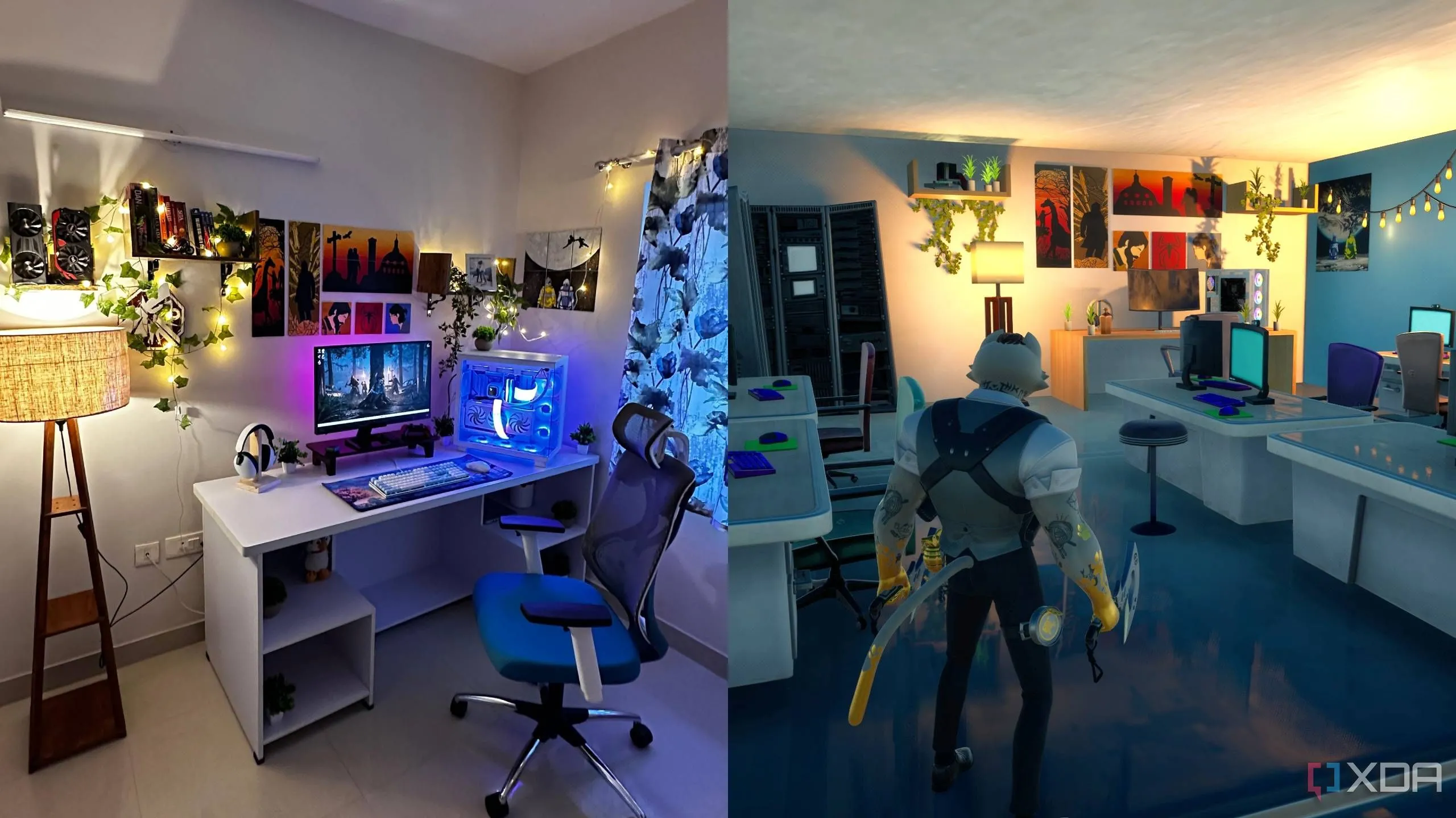 So sánh góc làm việc máy tính trong Fortnite Creative với thiết lập PC thực tế của người tạo bản đồ