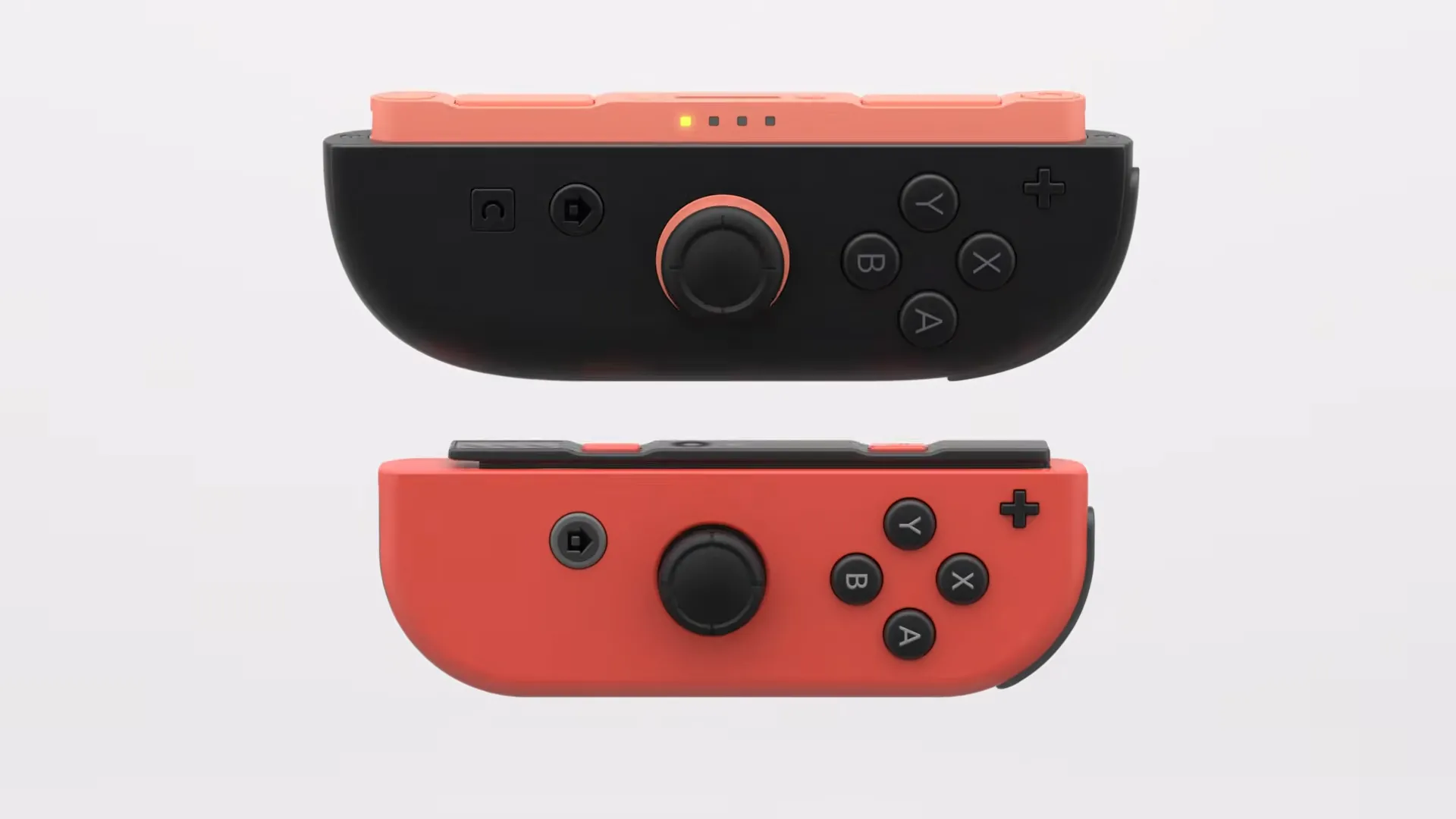 So sánh hai cặp tay cầm Joy-Con của Nintendo Switch (bên trái) và Joy-Con 2 của Nintendo Switch 2 (bên phải)