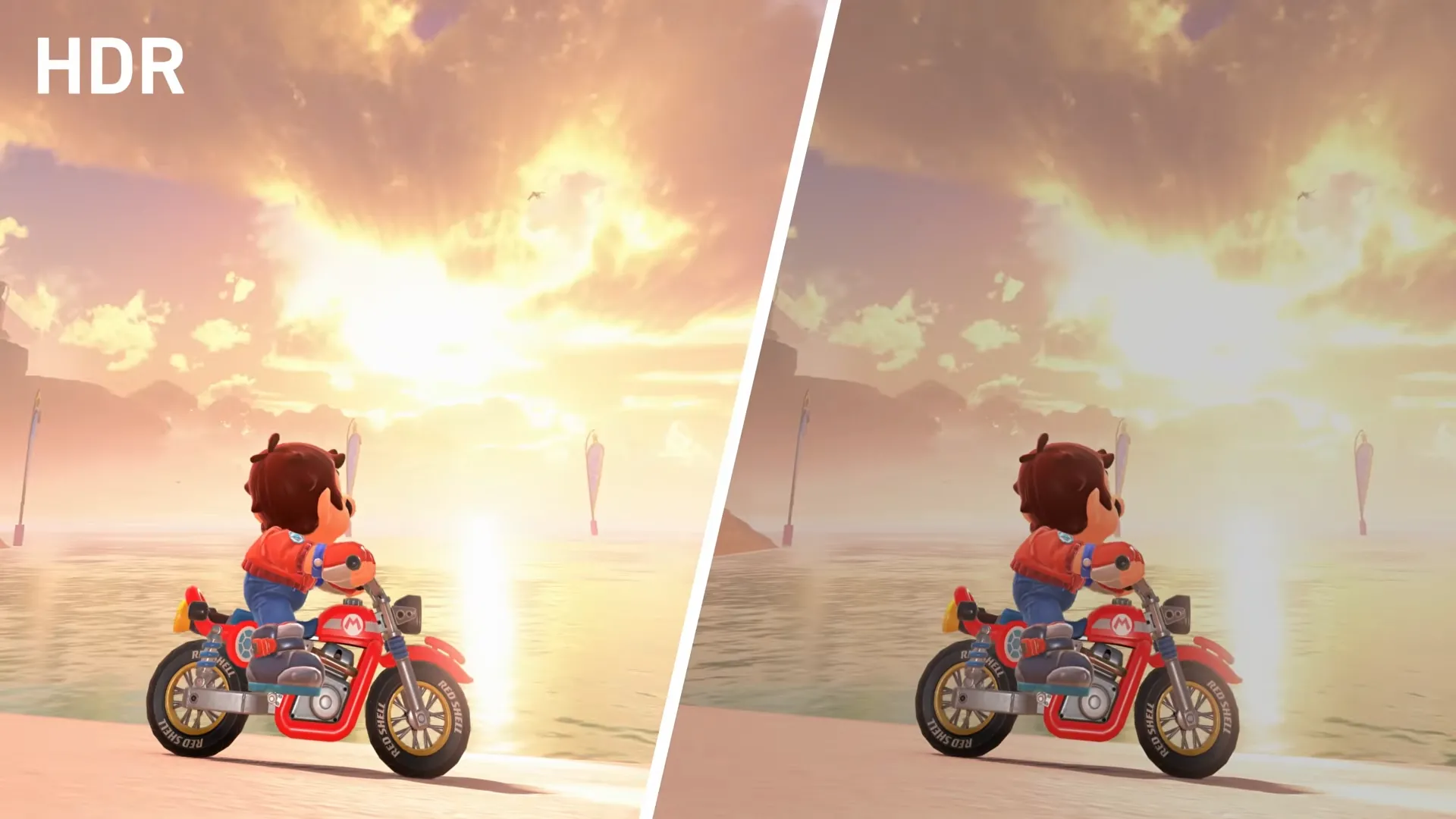 So sánh hình ảnh game Mario Kart World có và không có HDR, làm nổi bật sự khác biệt về màu sắc và ánh sáng