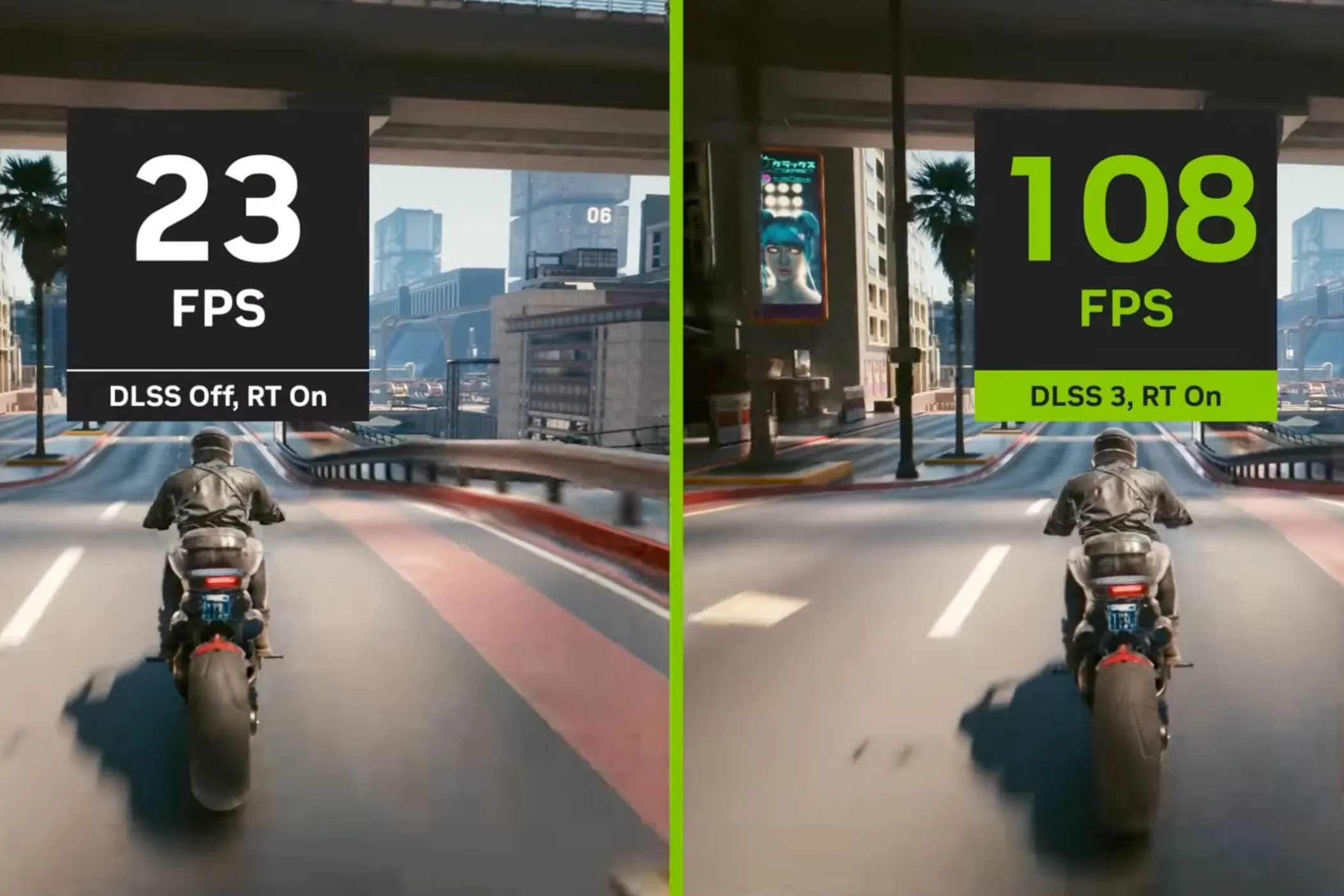 So sánh hình ảnh trong game Cyberpunk 2077 với và không có DLSS, minh họa khả năng tái tạo hình ảnh chất lượng cao của công nghệ upscaling.