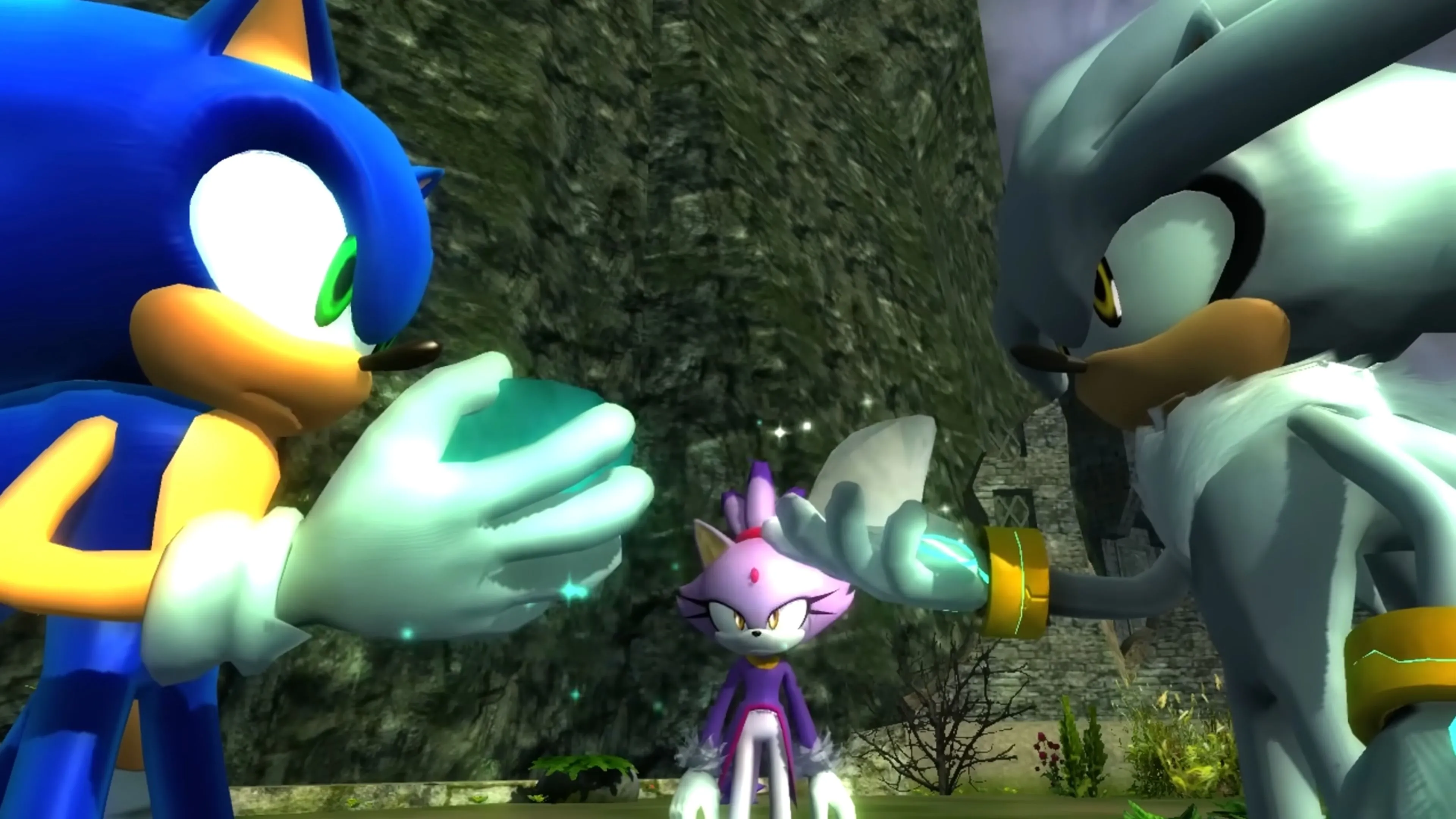 Sonic và Silver đối mặt trong một cảnh của Sonic the Hedgehog (2006)
