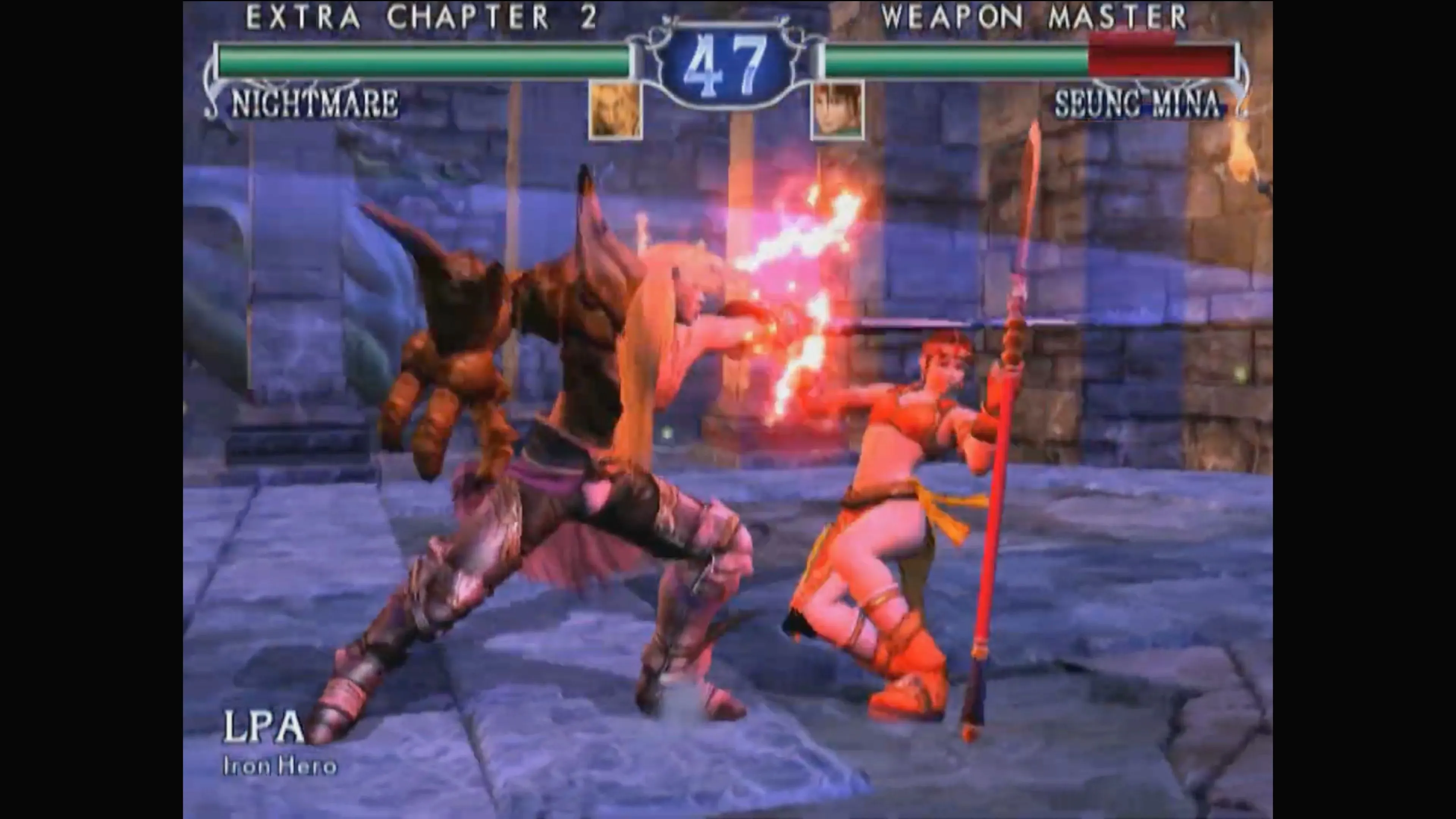 Soulcalibur II ảnh chụp màn hình game 6: Một cảnh chiến đấu trên nền phong cảnh tuyệt đẹp, thể hiện chi tiết đồ họa