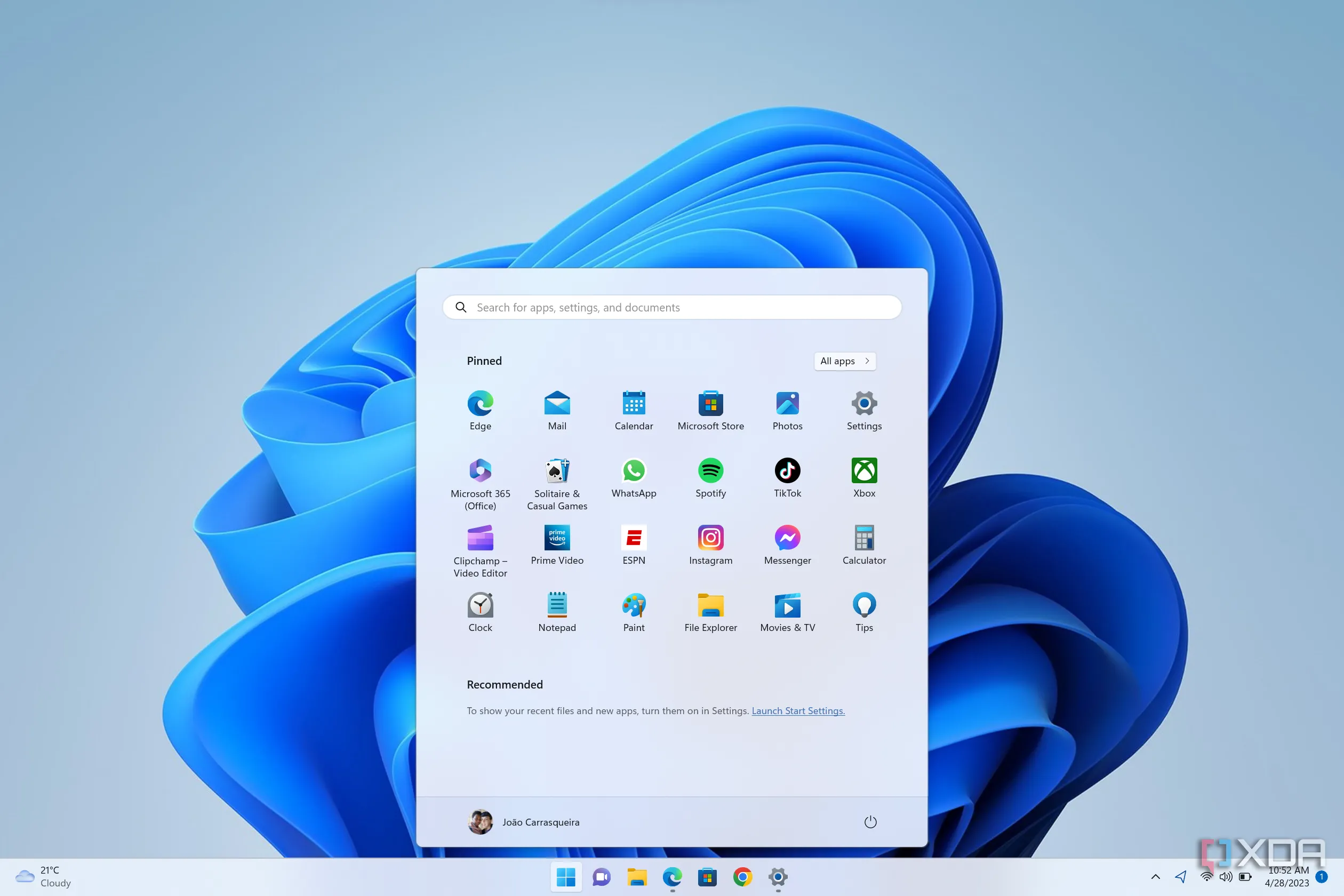Start Menu Windows 11 với phần Recommended đã bị vô hiệu hóa, nhưng vẫn chiếm không gian