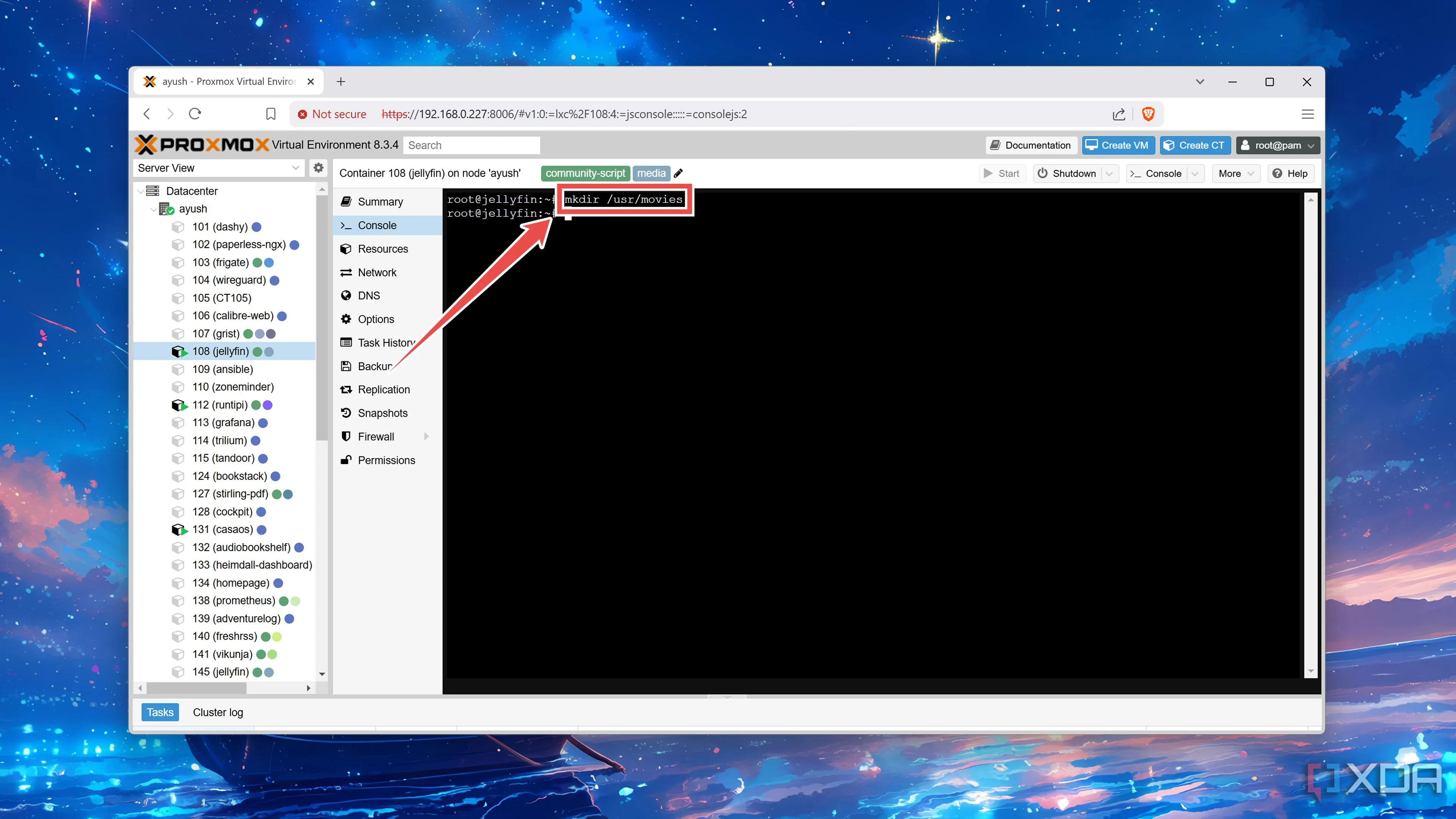 Sử dụng lệnh mkdir để tạo thư mục mới trên Jellyfin LXC dùng để mount media